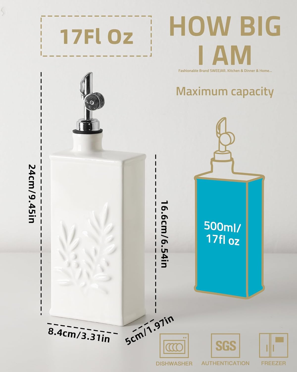 Sweejar Ceramic Olive Oil Dispenser Bottle for Kitchen, 17 Oz Relief Opaque Oil and Vinegar Dispenser Bottle with Spout, Suitable for Soy Sauce, Coffee Syrup, Liquids (White)