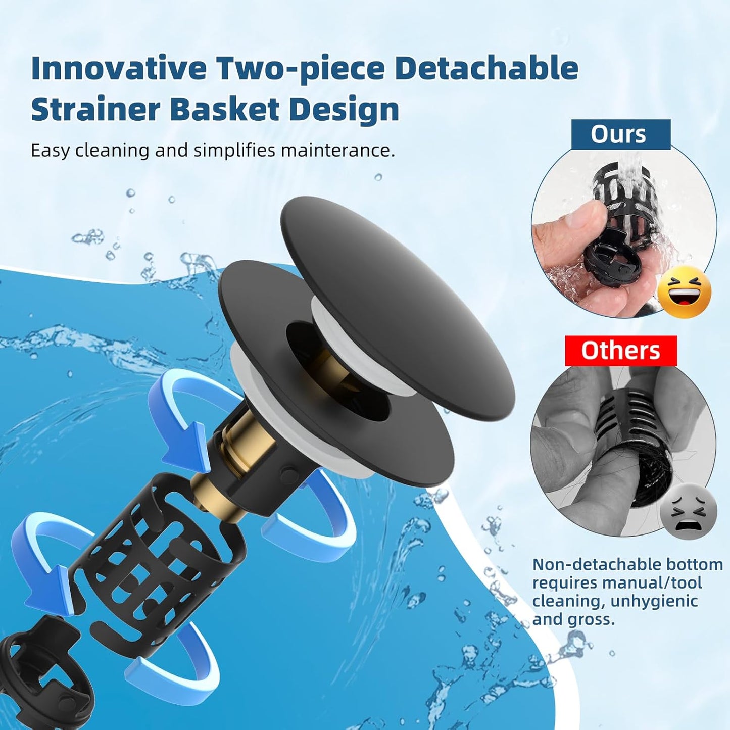 Hibbent Upgraded 3 in 1 Bathroom Sink Drain Strainer, Pop Up Sink Stopper with Big Push Cap, Anti-Clogging Metal Filter Basket,Sink Plug with Hair Catcher for 1.1''~2.36'' Basin, Matte Black