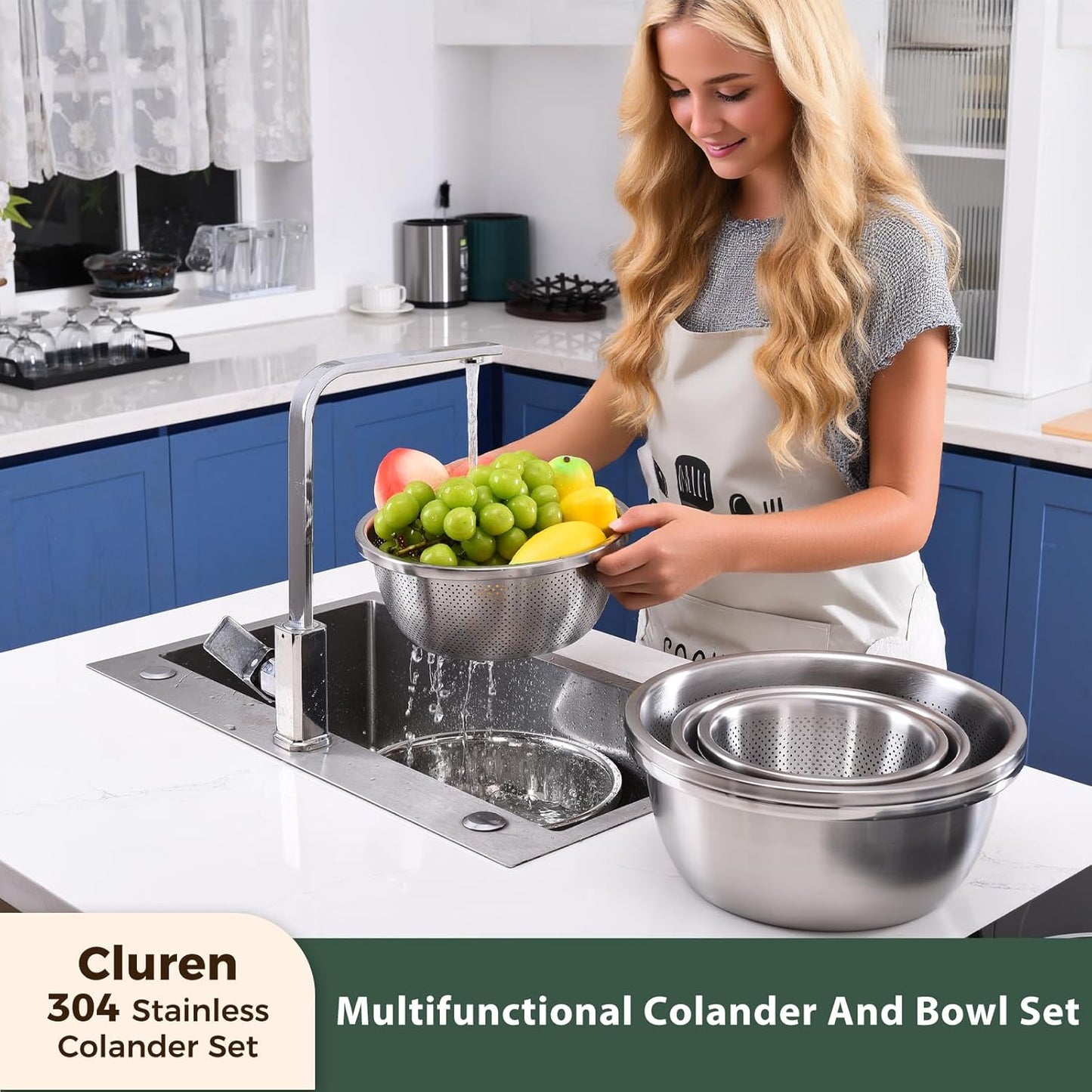 Colander and Bowl Set 4.0QT (2-in-1) - Thickened 304 Stainless Steel Kitchen Strainer Bowl for Fruit, Pasta, Vegetables, Rice - Heavy Duty, Induction Cooker & Dishwasher Safe