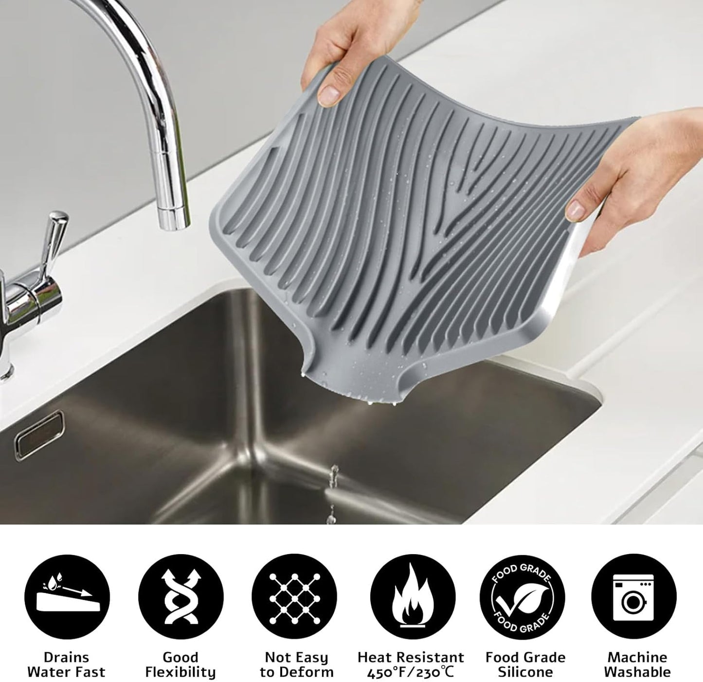 Silicone Dish Drying Mat for Kitchen Counter, Dish Drying Pad, Non-Slip Drain Pad with Built-in Drain, Heat Resistant Stone Drying Mat, 3 pcs (Grey)