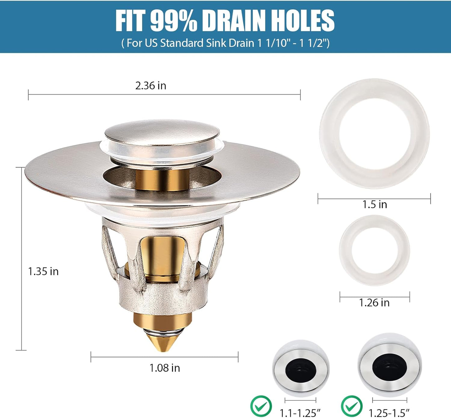 Three colors Brushed Nickel Bathroom Sink Stopper, 1.1-1.5" Bathroom Sink Drain Strainer, Universal WashBasin Pop Up Drain Stopper, Bounce Core Push Type Sink Plug, Anti-Clogging (1PCS)