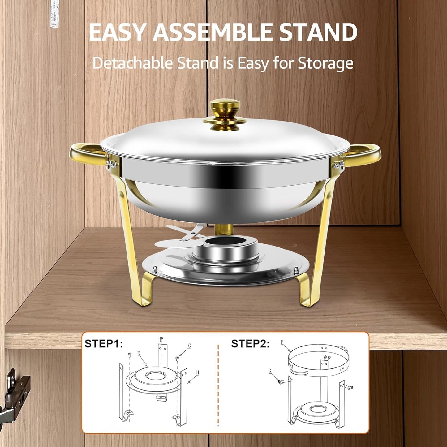 Gold & Silver Chafing Dishes for Buffet with Lid 5QT, 4 Pack - Food-Grade Stainless Steel Chafers and Buffet Warmers Sets with Lid Holder, Rolled Edge Design, for Party, Banquet