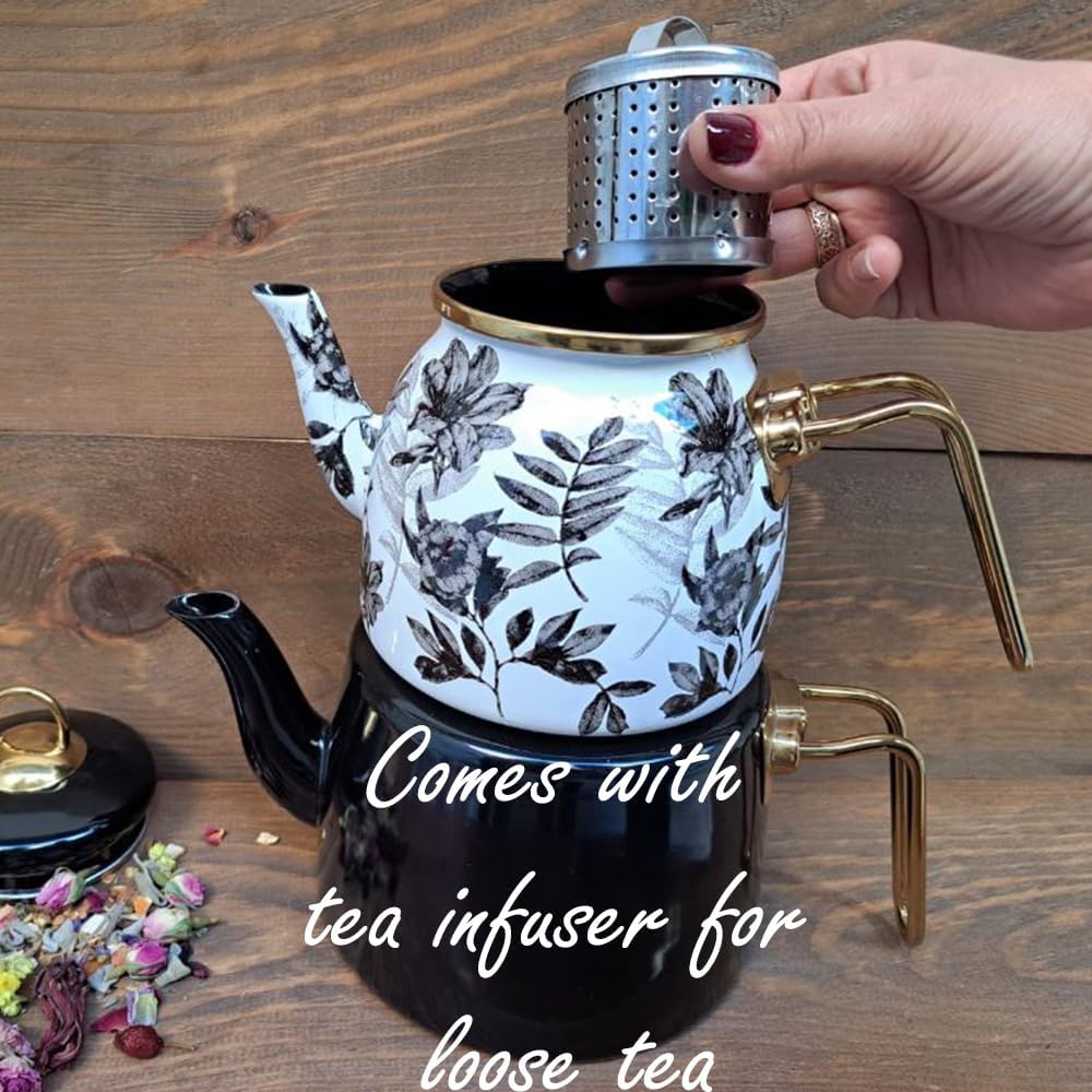 Vintage Turkish Teapot Tea Pots Kettle Set for Stovetop Stove Top Decorative Infuser Party Cups Glasses Floral Unique Boiler Samovar Strainer Loose Leaf Kitchen Style Enamel Decor (White-Black)