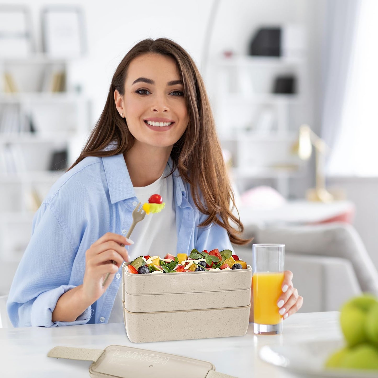 Bento Box Adult Lunch Box, Stackable 3-In-1 Compartment Bento Containers Kit with Spoon&Fork, Wheat Straw Meal Prep Containers Beige