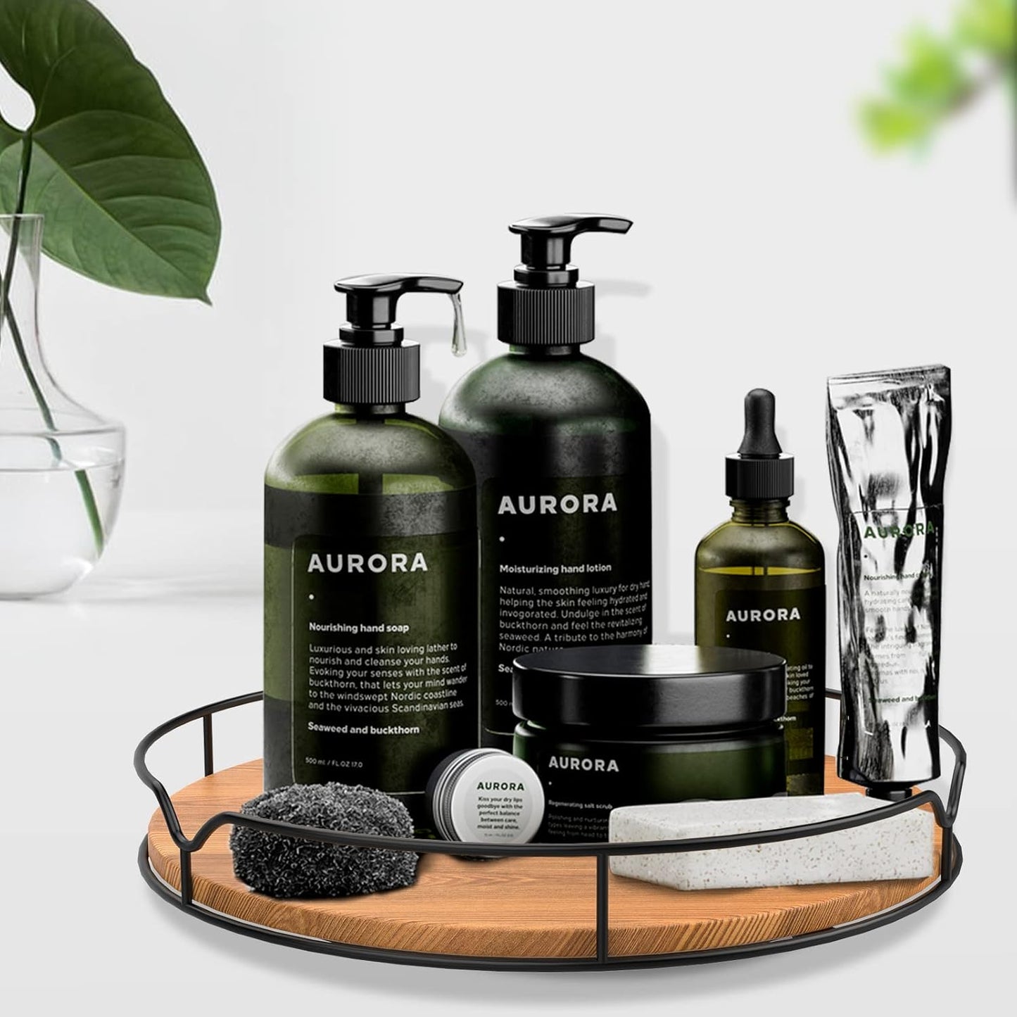 Lazy Susan Turntable Organizer with Anti-Slip Mat for Cabinet Pantry Kitchen Countertop Refrigerator Office, Pine Wood, 13", Carbonized Black