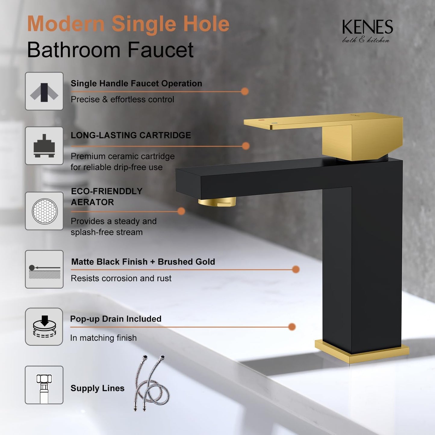 KENES Single Handle Bathroom Sink Faucet, Black and Gold Bathroom Faucets Single Hole, Vanity Faucet with Pop Up Drain and Supply Lines, Matte Black/Brushed Gold LJ-9031-BG