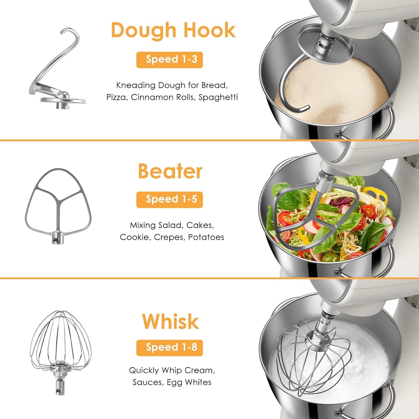 ZACME Mixers Kitchen Electric Stand Mixer 5.5QT 600W, Aluminum die casting and Gears, Dual Cooling System, Low Noise, DC Motor, LED Display and Timing Function, Tilt-head Metal Food Mixer, White