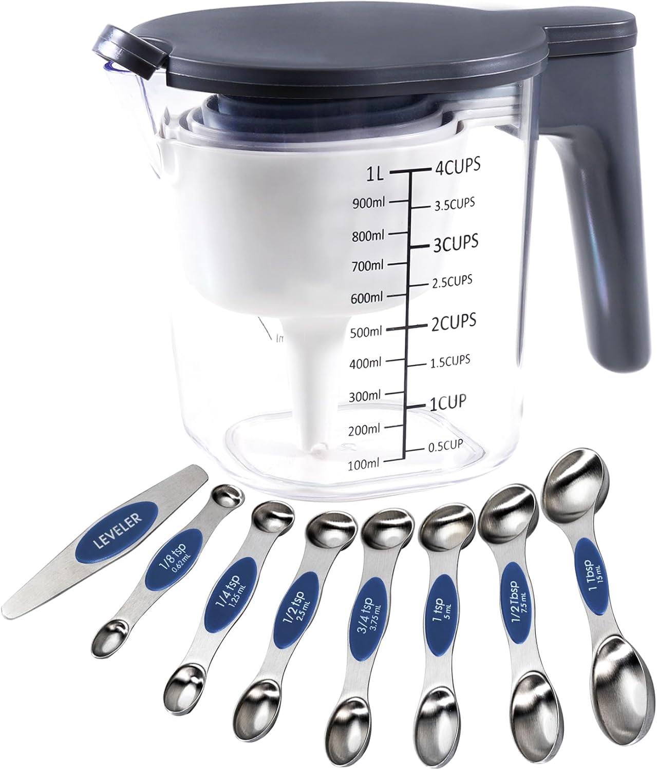 18 Pieces Measuring Cups and Spoons set, Includes 10 Stackable Measuring Cup with Lid and 9 Magnetic Measuring Spoons for Liquid and Dry, BPA Free, Dishwasher Safe (Sapphire)