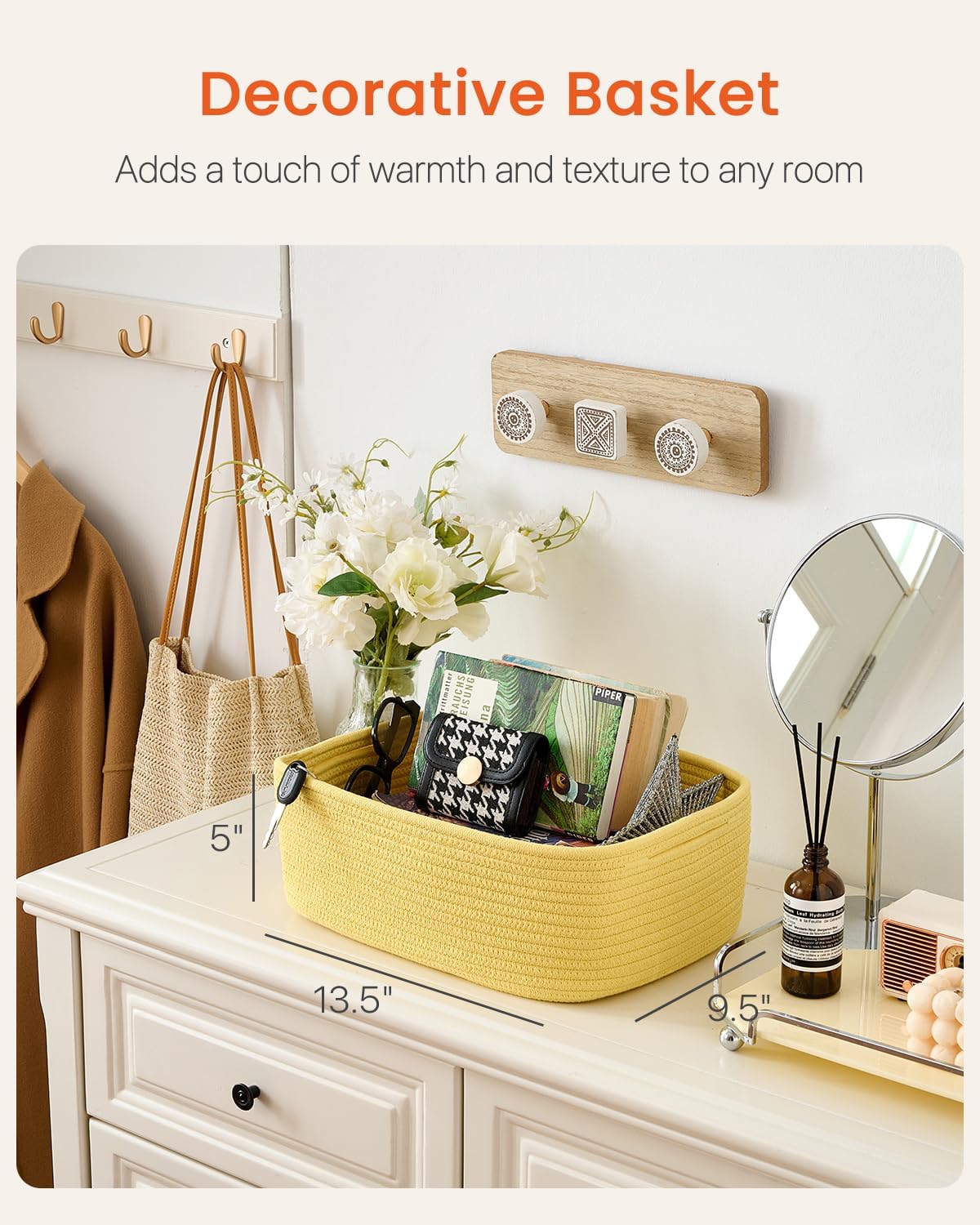 Small Woven Basket, 13.5 x 9.5 x 5 Inches, Storage Basket for Organizing, Cute Small Rope Shelf Closet Cube Storage Bins Baskets for Shelves, Dog Toy Gift Baskets Empty, 3 Pack Yellow