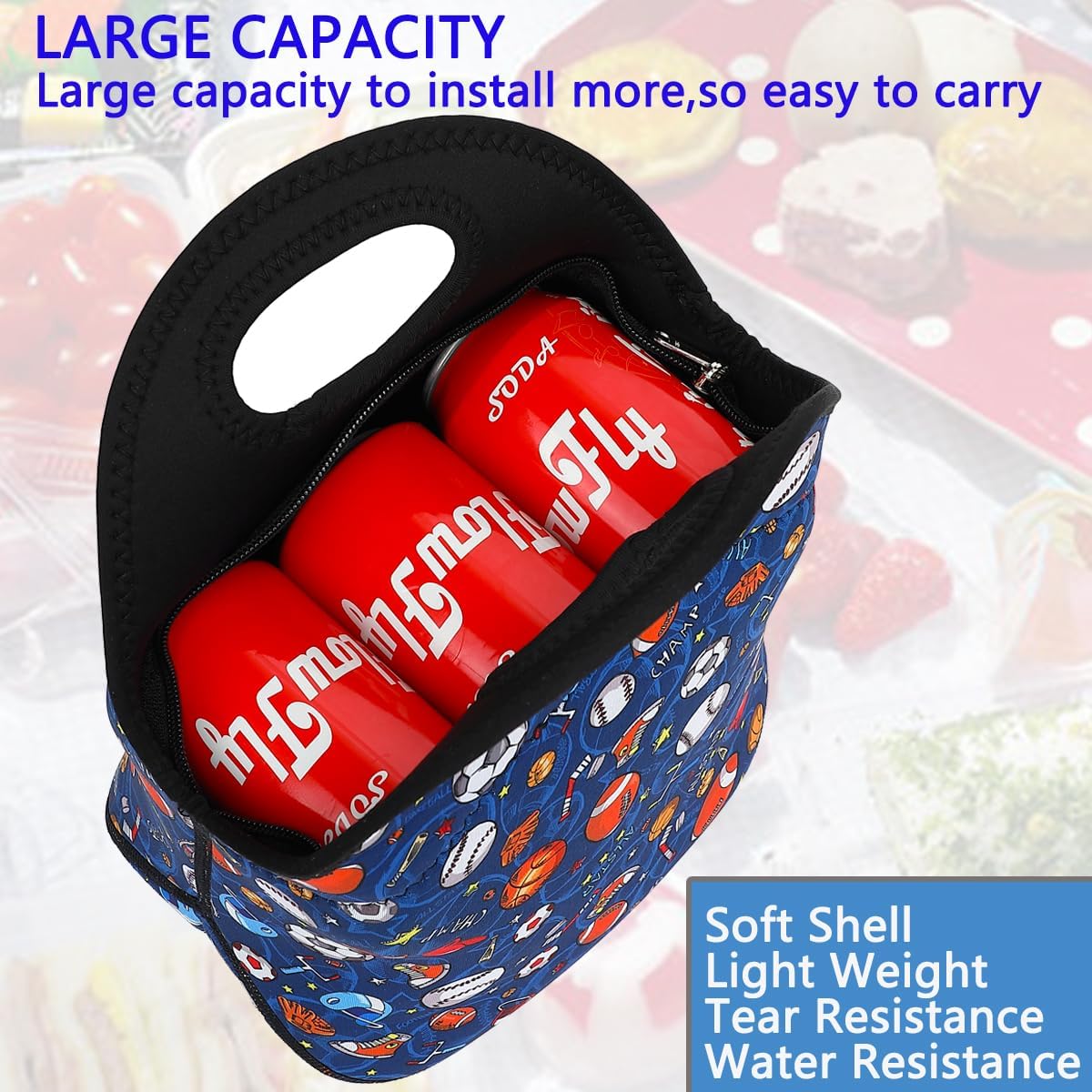 FlowFly Neoprene Kids Lunch box Insulated Soft Bag Mini Cooler Thermal Meal Tote Kit for Boys, Girls,Men,Women,School,Work, Office, FootBall