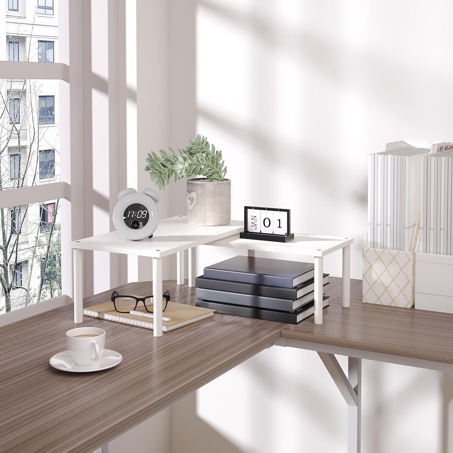 Cabinet Organizer Shelf(Set of 2),Kitchen Counter Shelves,Bamboo Spice Rack Countertop and Cabinet,Stackable Expandable,Large(White)