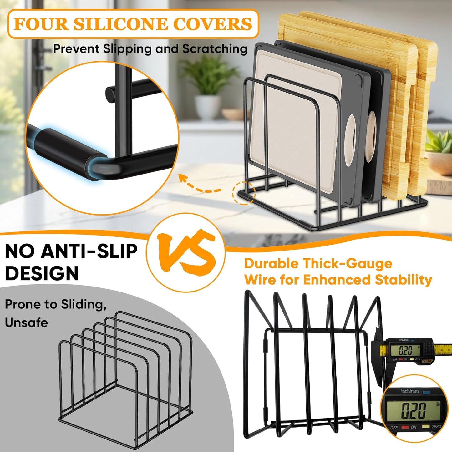 Kitchen Organizer Rack - 5-Slot Heavy-Duty Cutting Board and Bakeware Holder, Rust-Resistant with Anti-Slip Feet for Countertop or Cabinet Storage