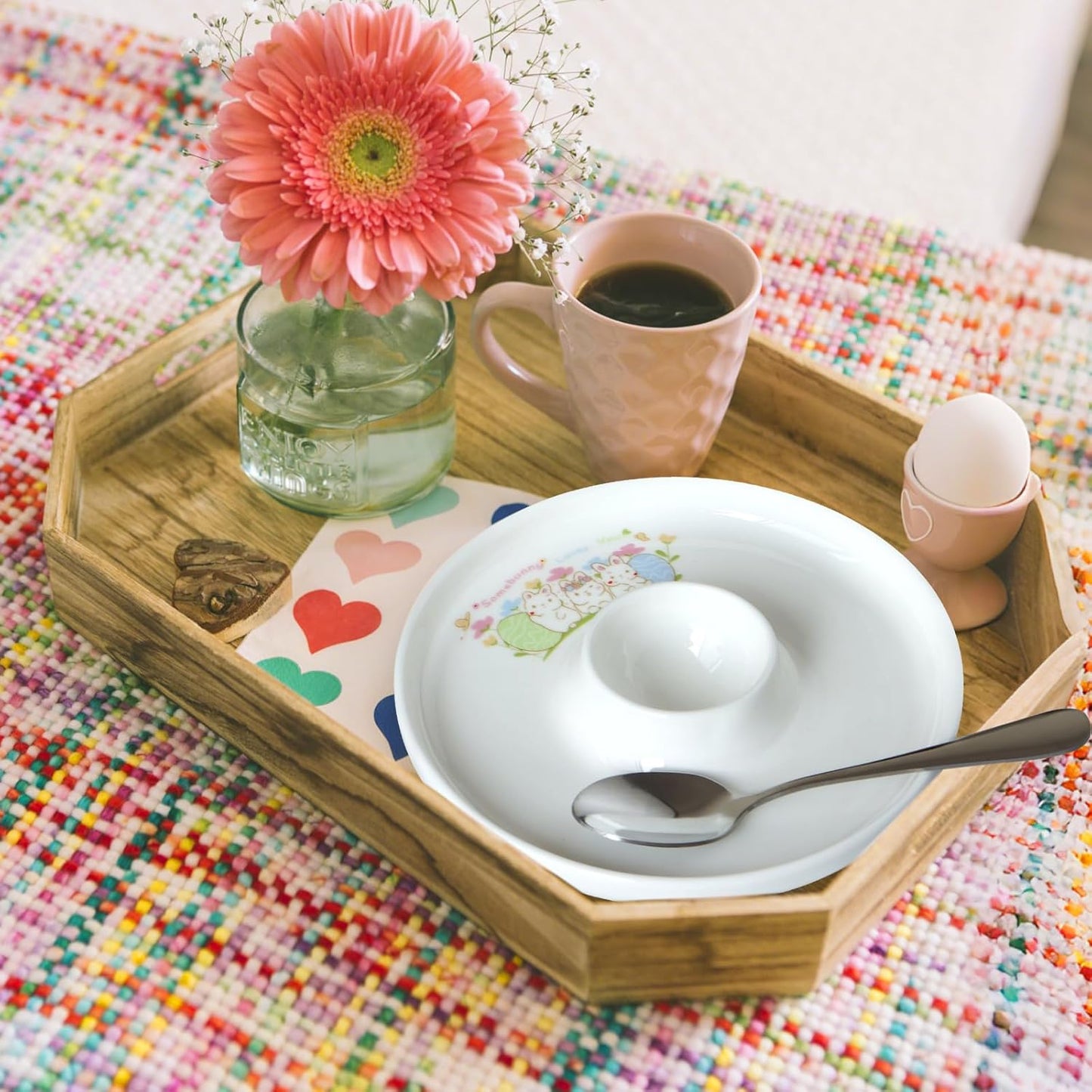 Cinf EggHolder & Spoon Set 4 Ceramic Egg Holders + 4 SS Spoons Breakfast Plate Easter Rabbit 5.5'' Food Container Egg Tray Dinner Serving for Hard Boiled Eggs, Easter & Deserts Kitchen