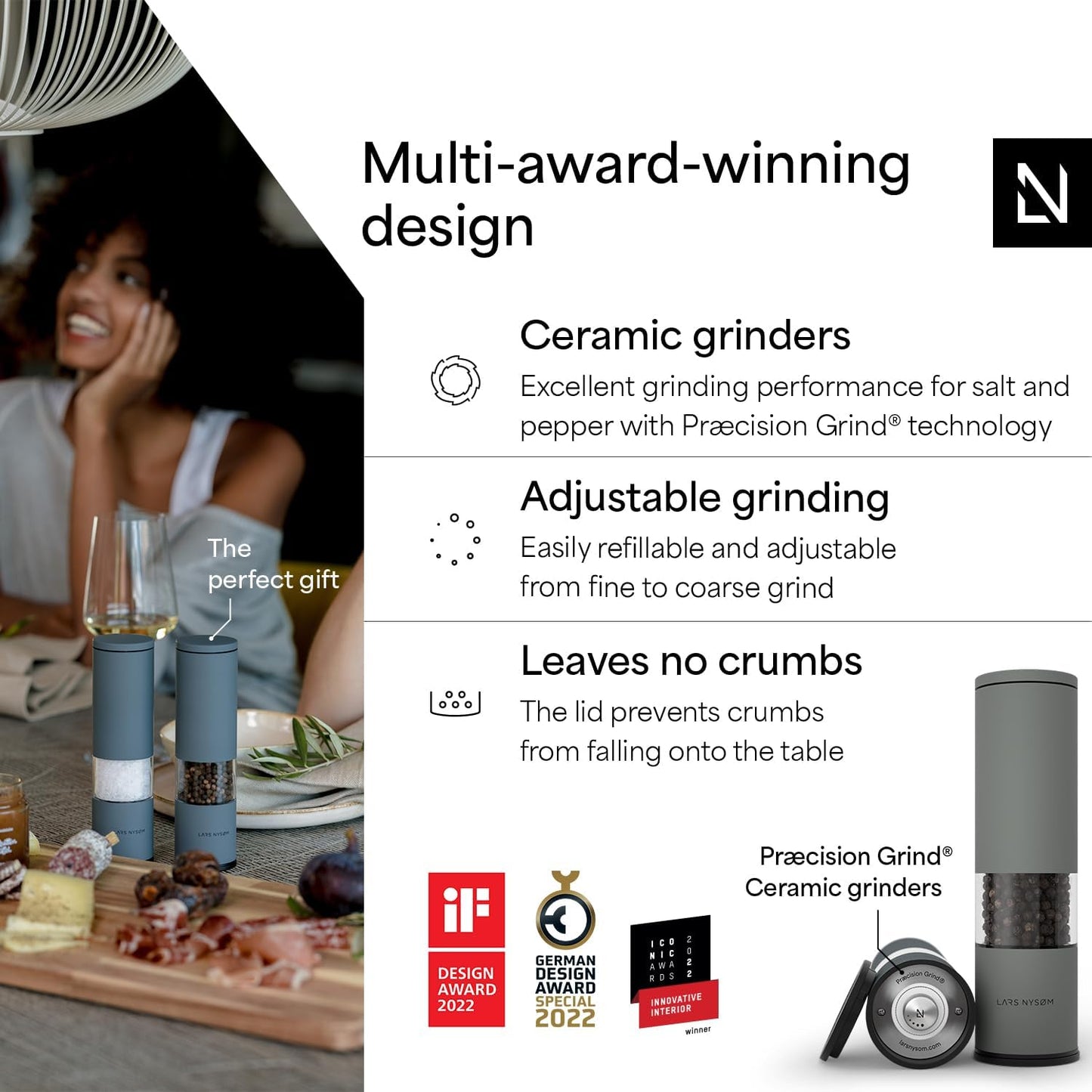 LARS NYSØM Salt and Pepper Grinder Set Manual, Stainless Steel Salt and Pepper Mills with Adjustable Ceramic Grinder I Design Spice Shakers (Blue/Gray)