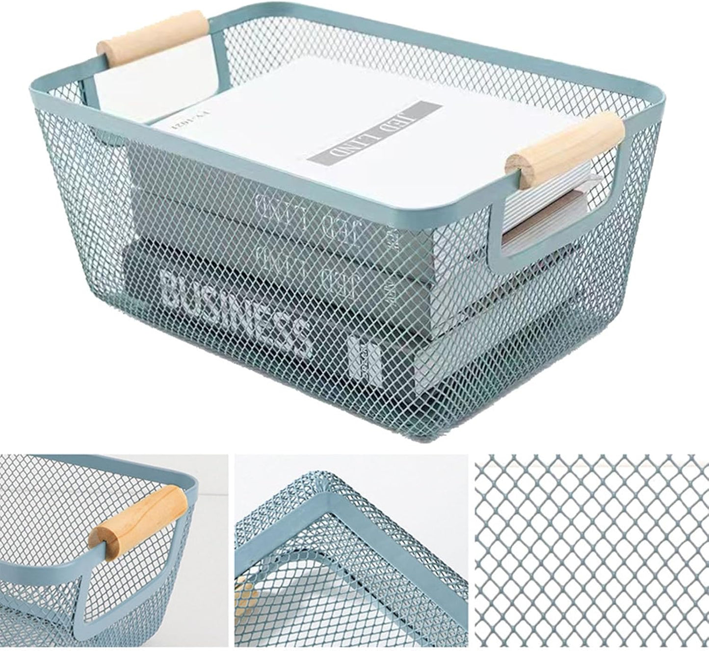 Metal Mesh Steel Basket, Medium Wire Storage Organizer Basket Multi-function Hanging Kitchen Basket with Wood Handle for Kitchen Bathroom Picnic Home, Rectangle-Blue