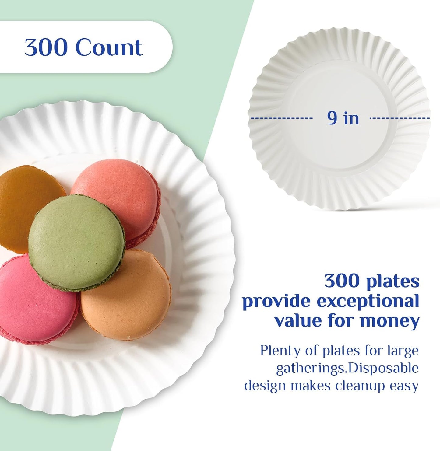 MUCHII 300 Count 9 Inch Paper Plates, Disposable Dinner Plates Bulk, White Plate Uncoated for Parties, Catering, Picnics, and DIY