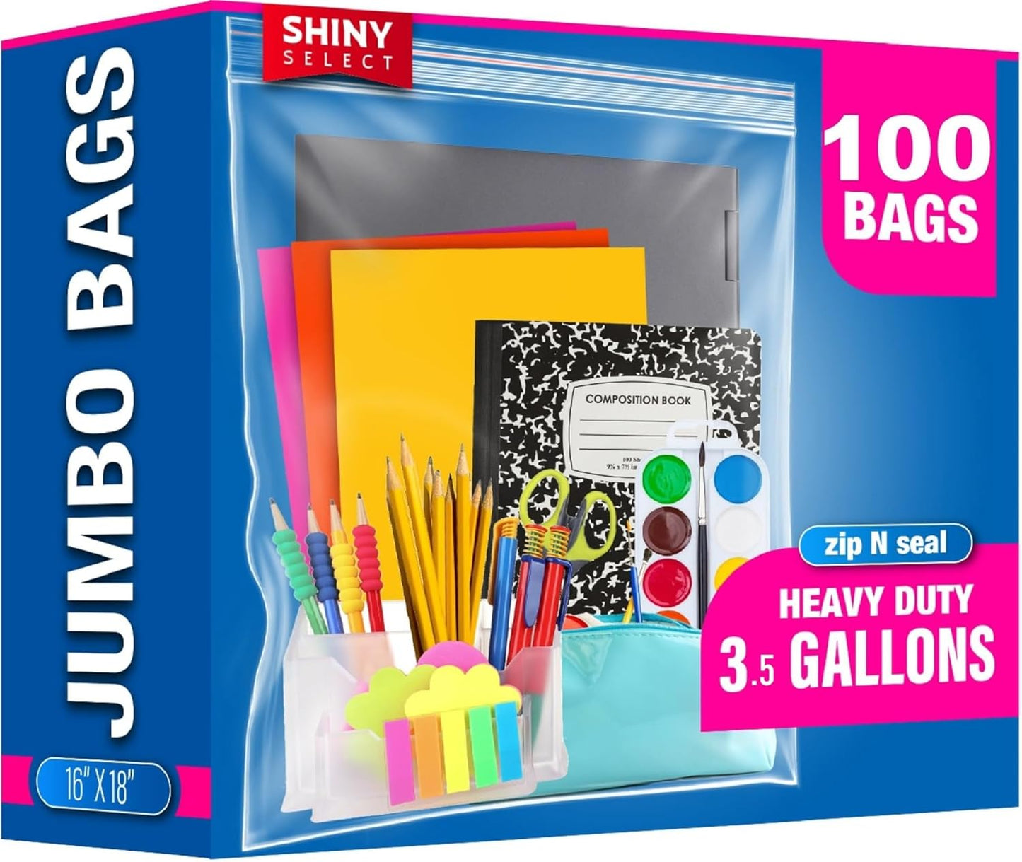[100 Count] Mega Pack of XLarge Bags Jumbo 3.5 GALLON BIG Size Clear Thick Freezer Food Storage Bags for Toys, Arts, Crafts, Moving, Clothing & Closet Organization (packaging may vary)