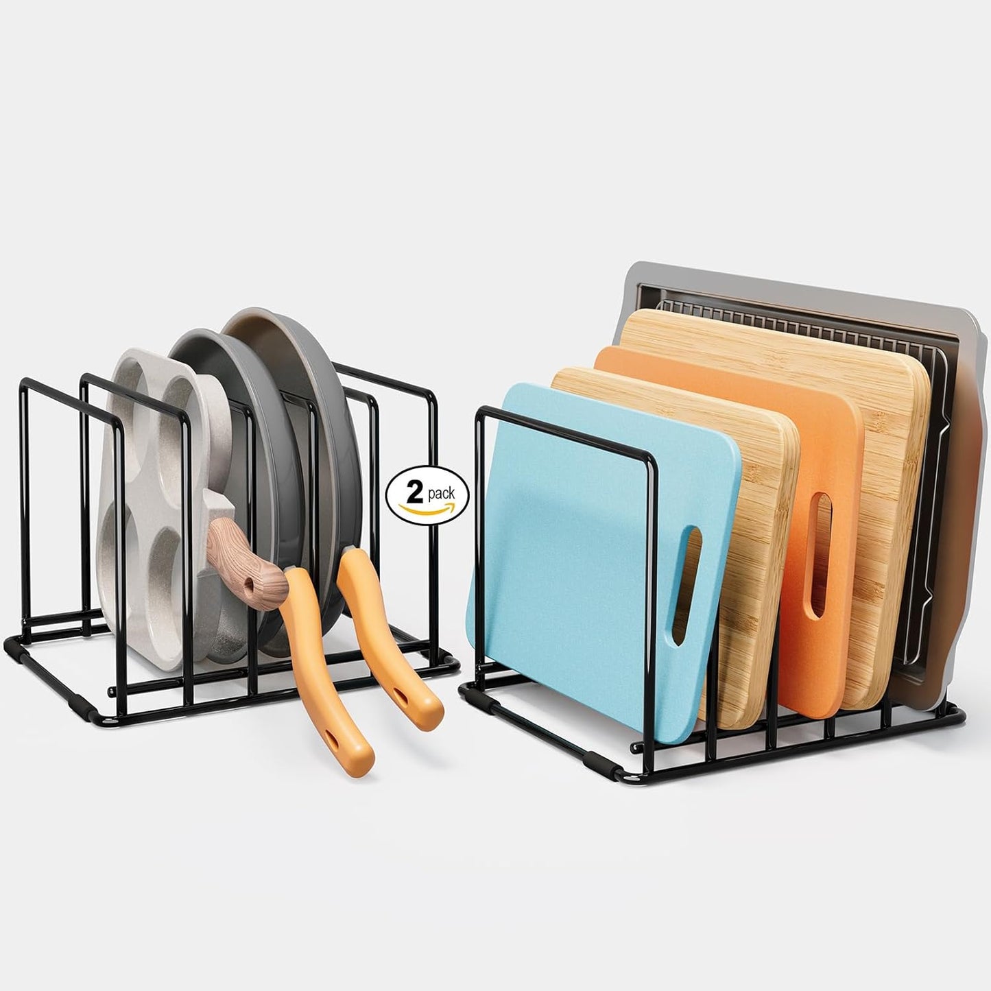 2-Pack Cutting Board Organizer, 5-Slot Steel Kitchen Storage Rack for Cutting Boards, Baking Trays, and Thin Pans - Compact Clutter-Free Solution