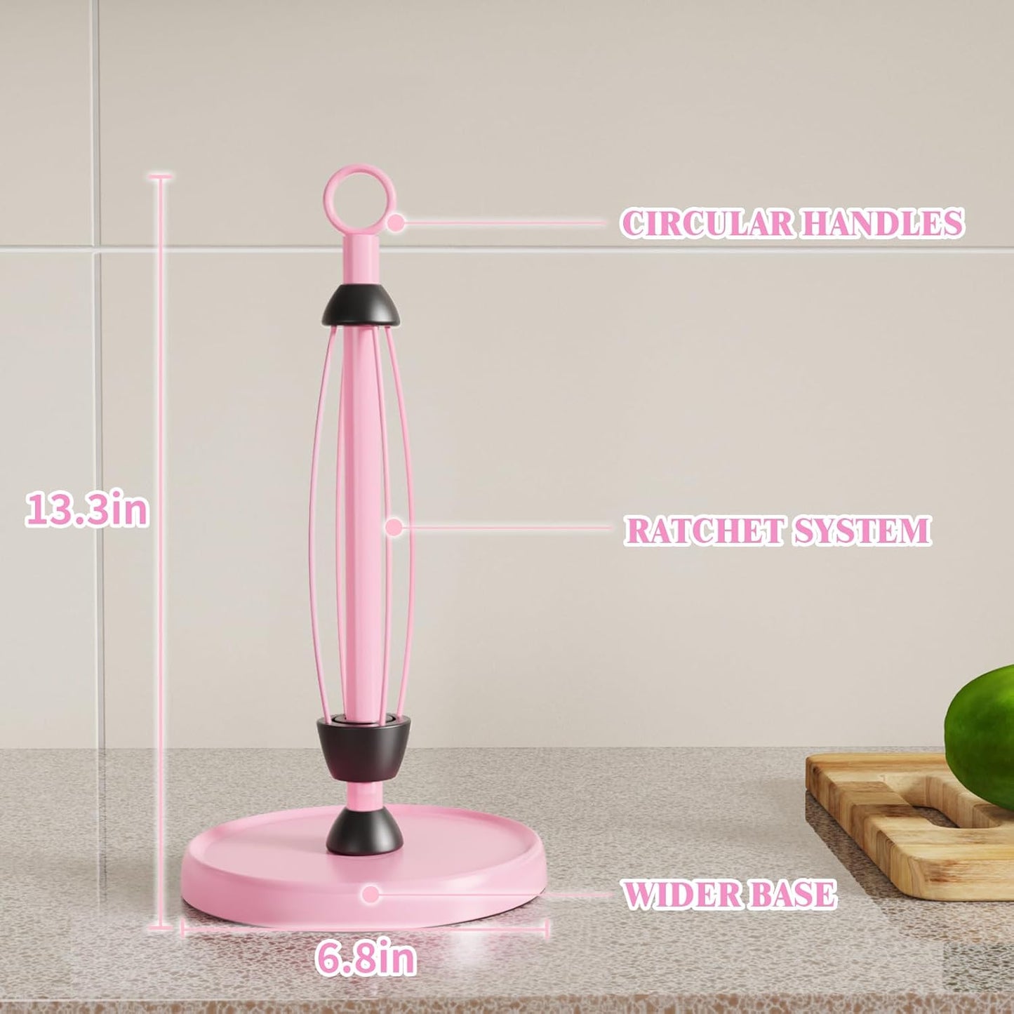 Pink Paper Towel Holder Countertop, Pink Kitchen Accessories Decor, One-Handed Tear, Stainless Steel, Weighted Base, Ring Paper Towel Holder Stand with Ratchet System for Kitchen Farmhouse Essentials