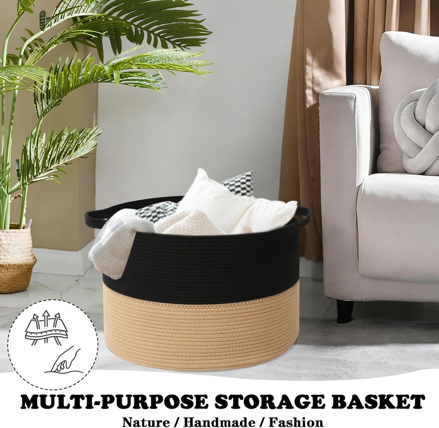 Large Blanket Basket for Organizing,65L Closet Organizers and Storage Bins Box for Shelves Woven Rope Storage Baskets,Living Room,Bedroom,Dorm,Laundry room (Black&Camel)