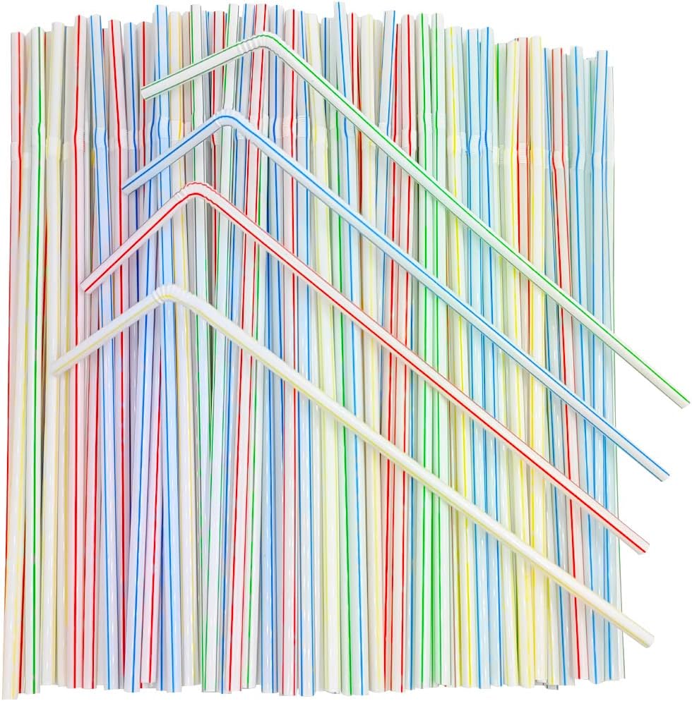 [Honest ECO ] 9.45inch Flexible Plastic Straws Extra Long Bendy Straws Prefer for Tall Glassees/Water Tumbler/Bottled Drinks/All Hot or Cold Low Viscosity Drinks (Stripe)