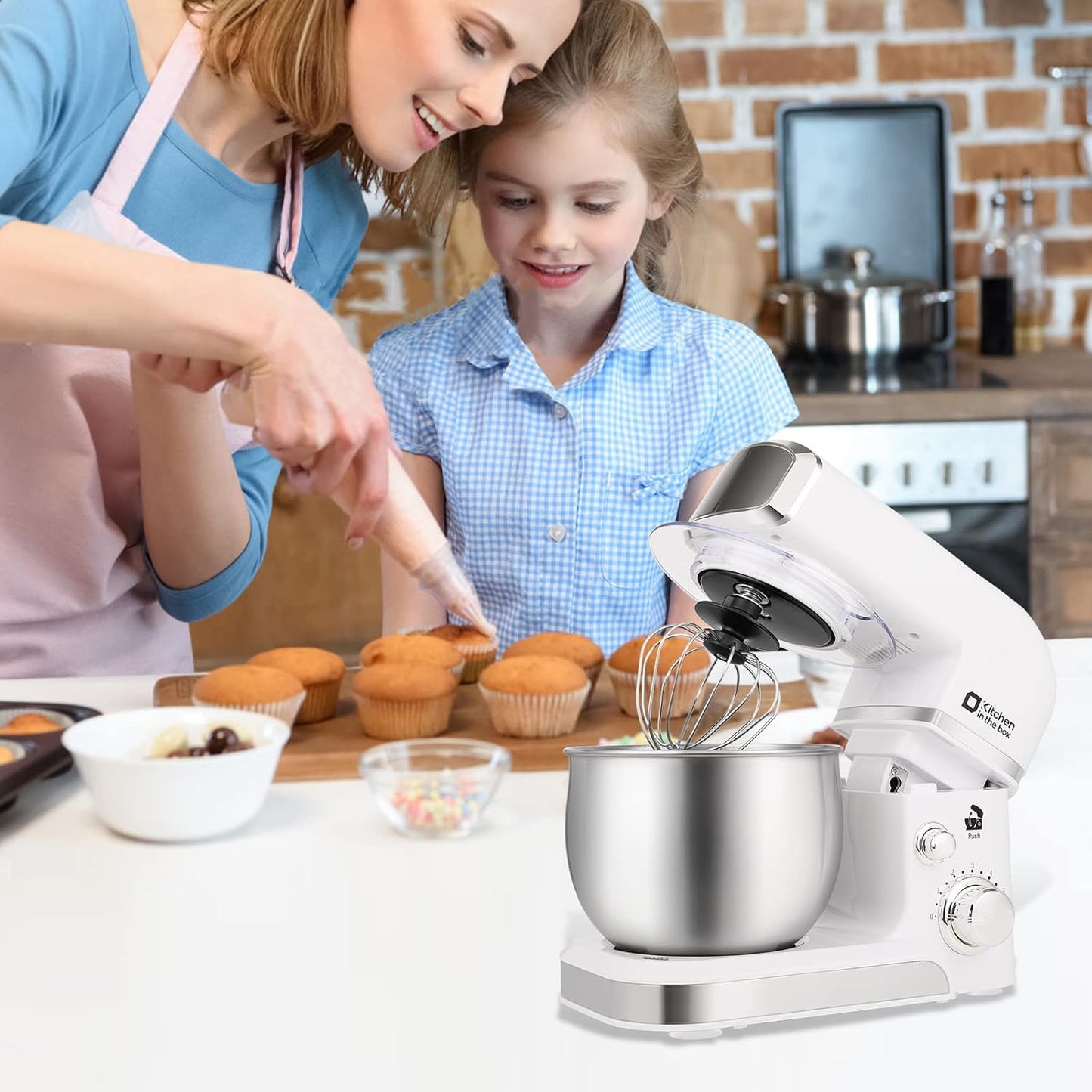 Kitchen in the box Stand Mixer,3.2Qt Mini Electric Food Mixer,6 Speeds Portable Lightweight Kitchen Mixer for Daily Use with Egg Whisk,Dough Hook,Flat Beater (White)