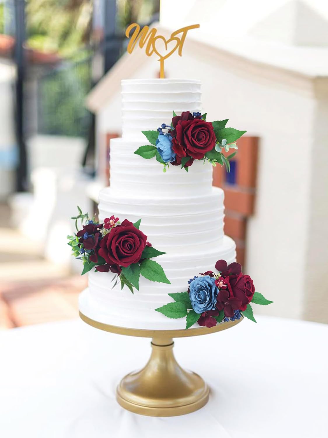 Rinlong 3Pcs Pre-made Cake Toppers - Flowers for Christmas, Wedding, Baptism - Burgundy, Navy Xmas Cake Decorations