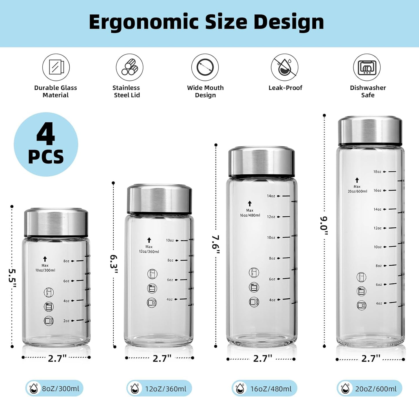 Glass Juice Bottles 4 Pack 20 oz - Wide Mouth Glass Water Bottles with Lids - Borosilicate,Stainless Steel Lids for Juicing, Smoothies, Infused Water, Beverage Storage, Leakproof, Reusable,BPA Free