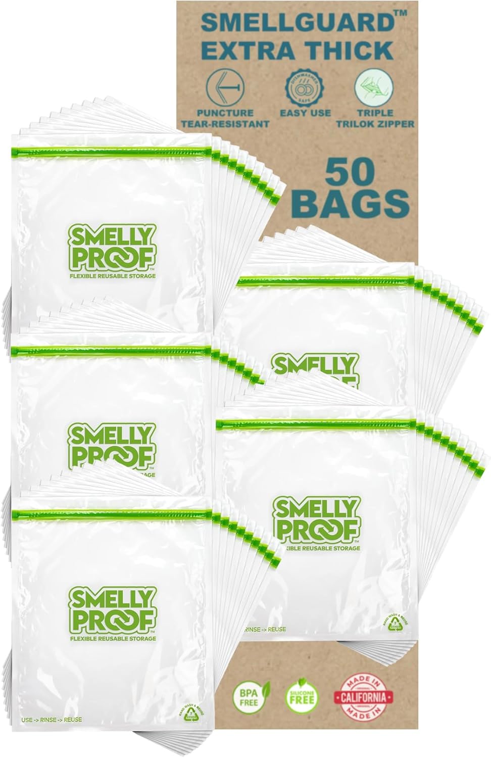 50pk Smelly Proof Reusable Food Storage Bags - Made in USA, Dishwasher-Safe, BPA FREE, NO PEVA, XL Clear FLAT 10.5" x 12"