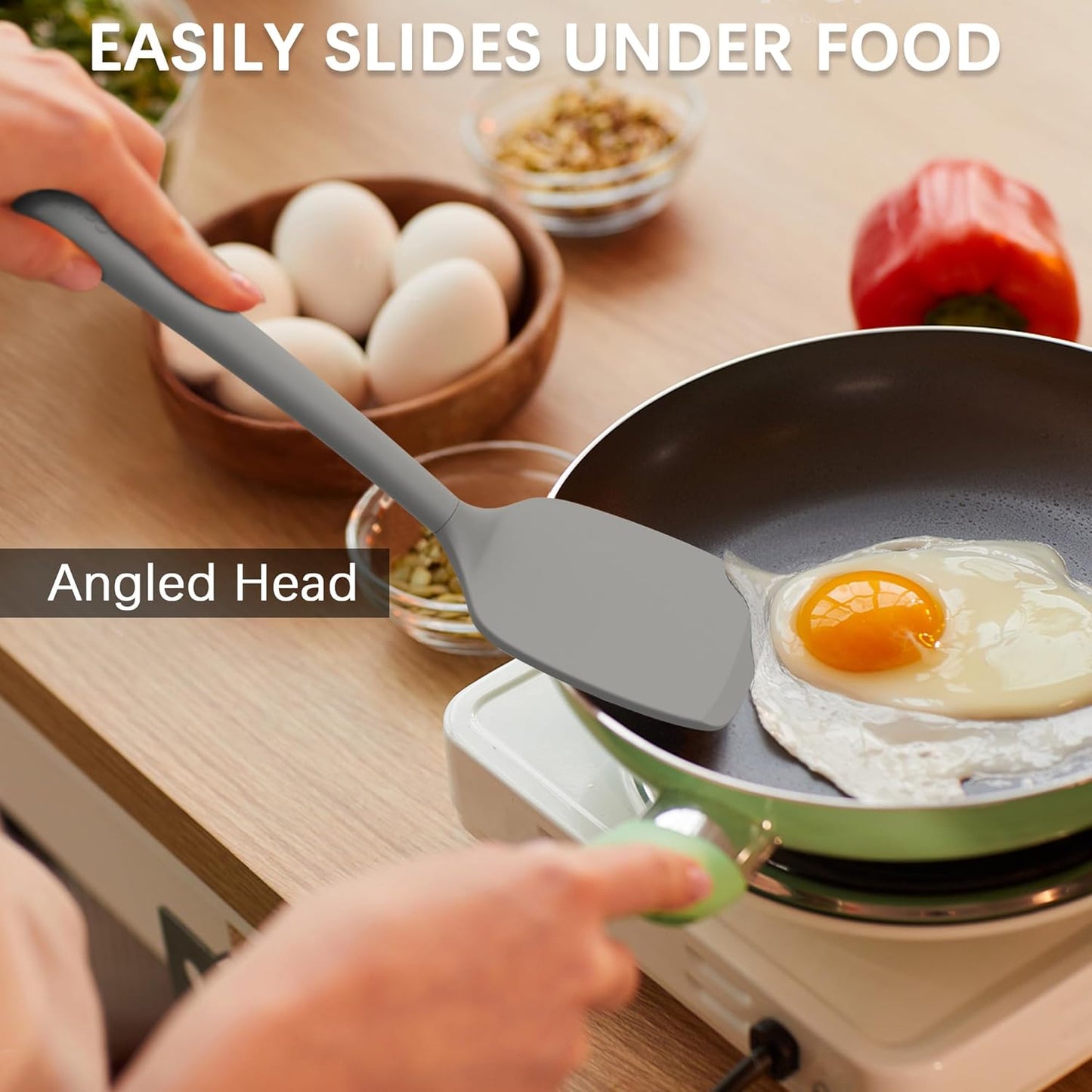 Coukre Silicone Spatula Set of 3, High Heat Resistant, BPA-Free, Kitchen Utensils, Fish Spatula, Solid & Slotted Turner for Non-Stick Pans, Flipping Eggs, Pancakes, Fish, Burgers (3, PureGray)