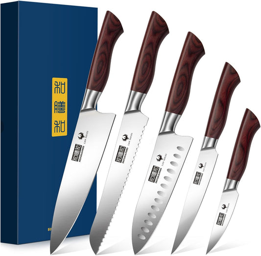 HOSHANHO 5-Piece Japanese Style Kitchen Knife Set,Professional Ultra Sharp High-Carbon Stainless Steel Chefs Knives with Ergonomic Wood Handle,Elegant Box Packaging