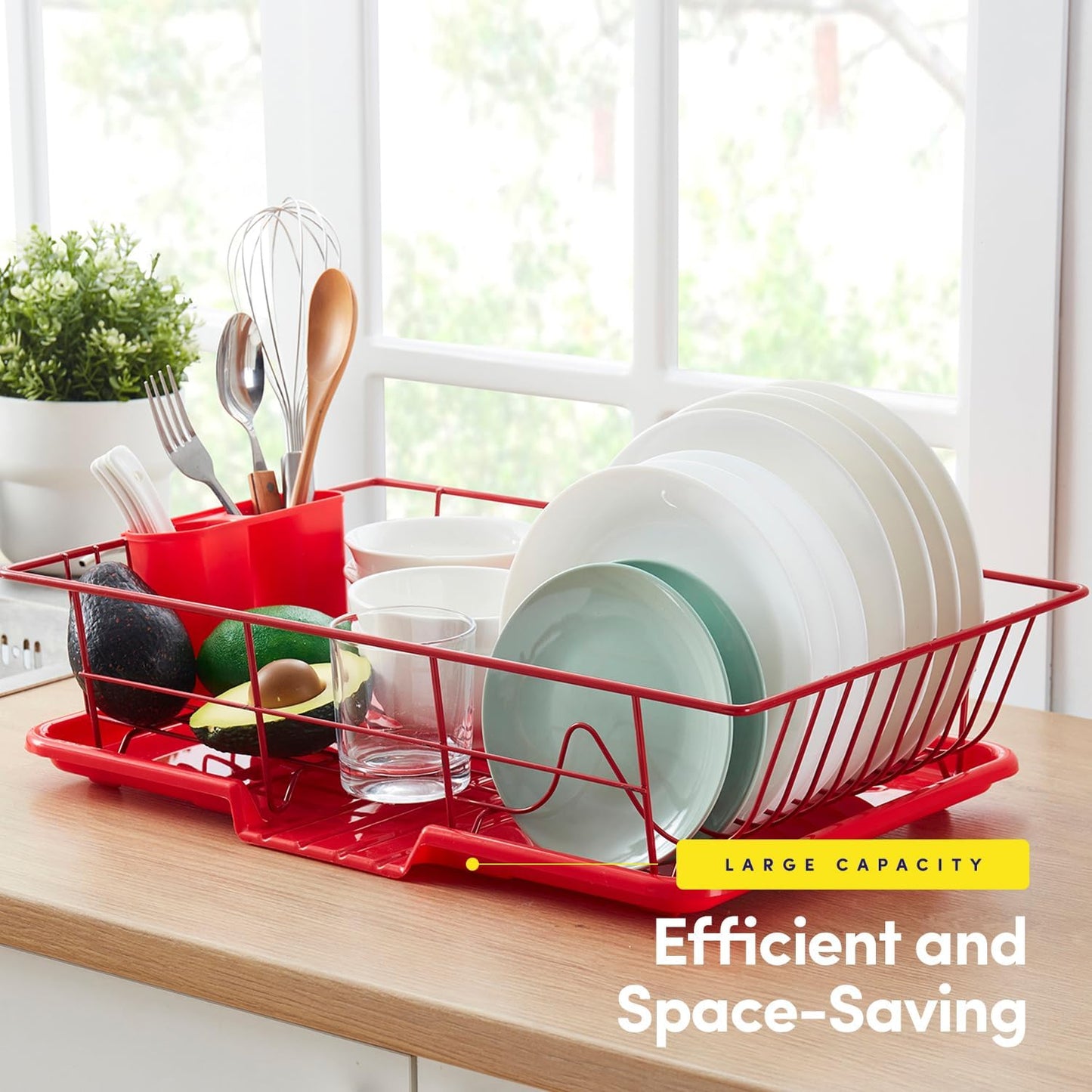 Sweet Home Collection Space-Saving 3-Piece Dish Drainer Rack Set: Efficient Kitchen Organizer for Quick Drying and Storage - Includes Cutlery Holder and Drainboard - Maximize Countertop Space, Red