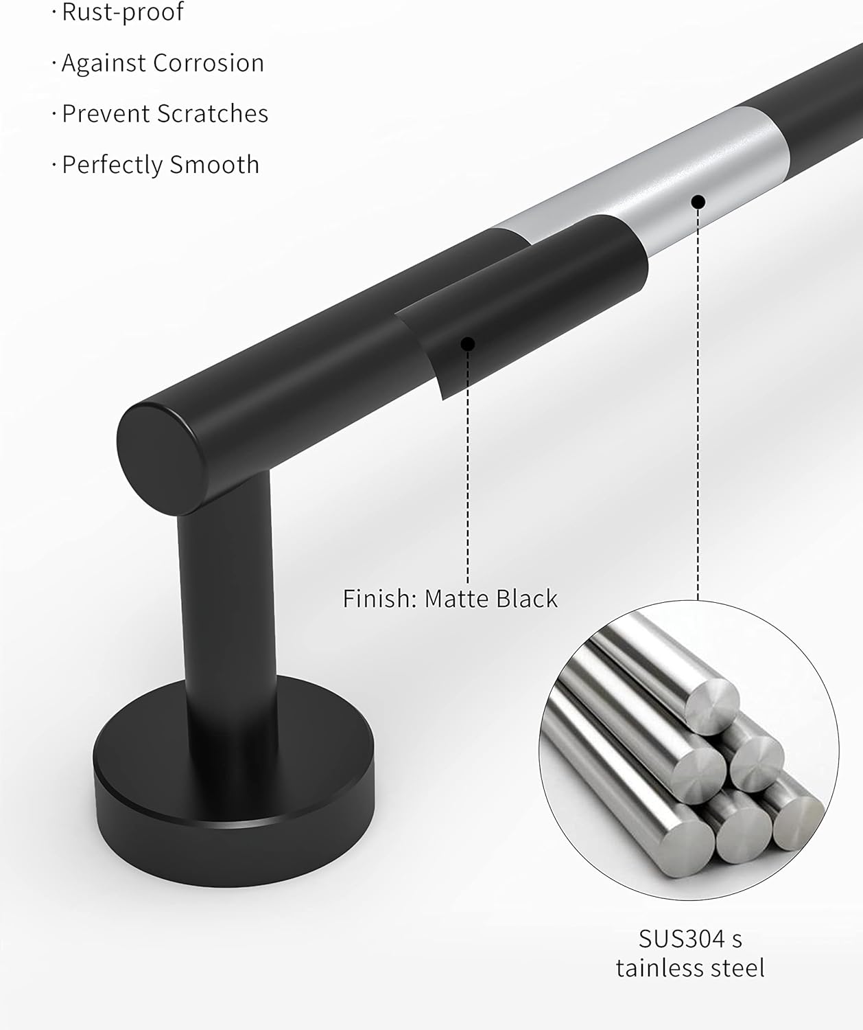 Towe Bar for Bathroom Kitchen Hand Towel Holder Dish Cloths Hanger SUS304 Stainless Steel RUSTPROOF Wall Mount (Matte Black 18-inch Center to Center)