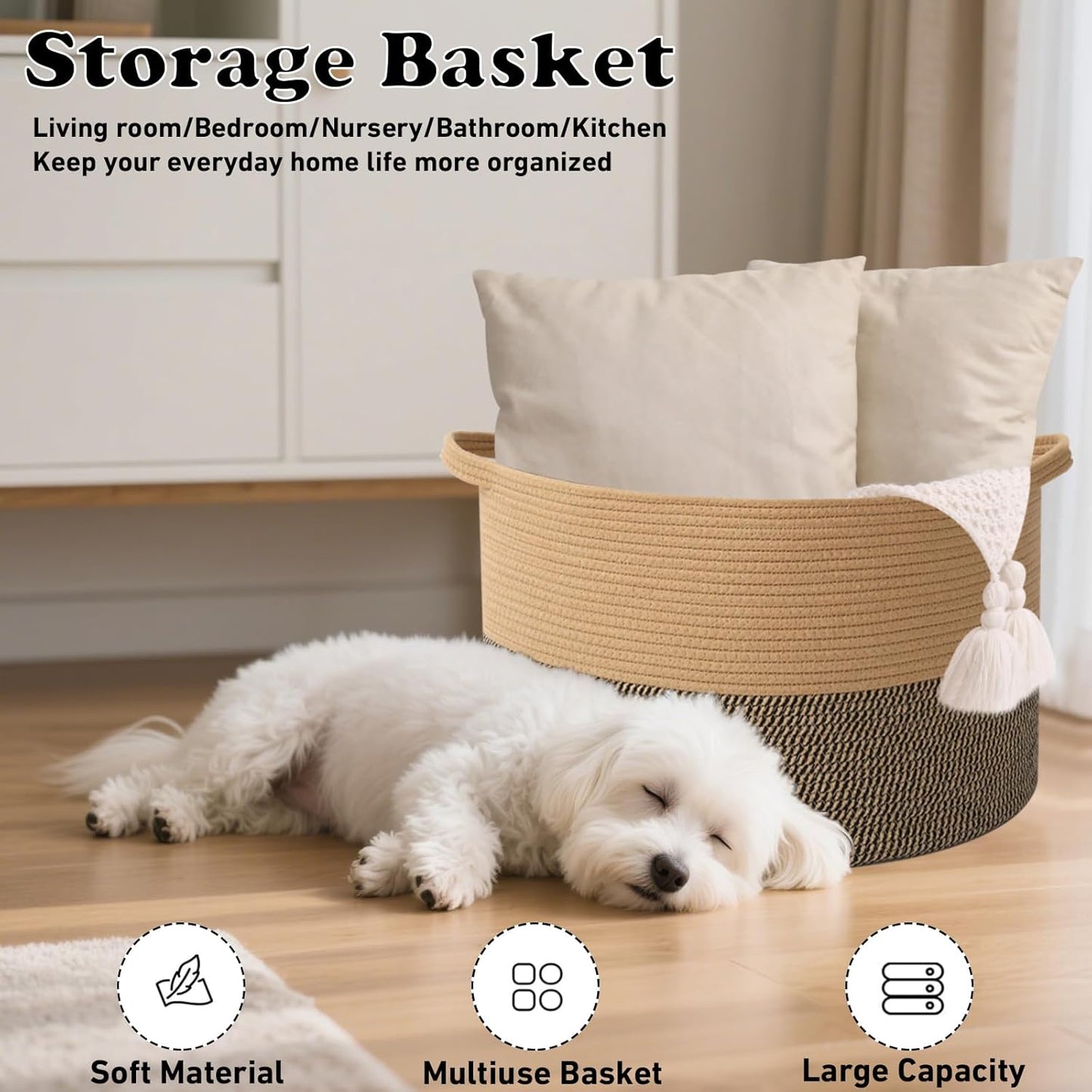 Large Blanket Basket for Organizing,65L Closet Organizers and Storage Bins Box for Shelves Woven Rope Storage Baskets,Living Room,Bedroom,Dorm,Laundry room (Jute&Black)