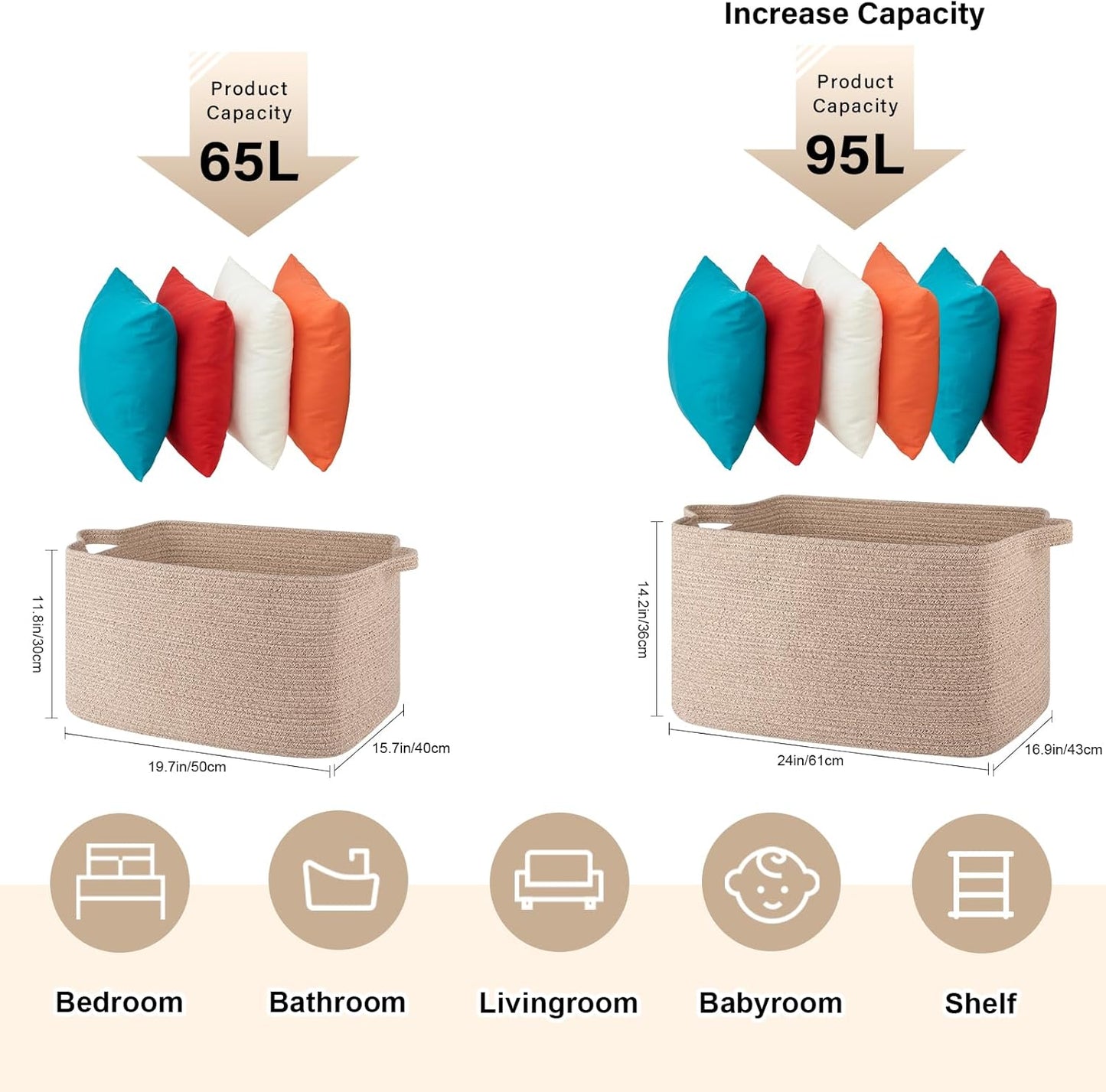 65L Large Storage Basket, Cotton Rope Woven Blanket Basket, Toy Storage for Baby Room, Living Room, Brown