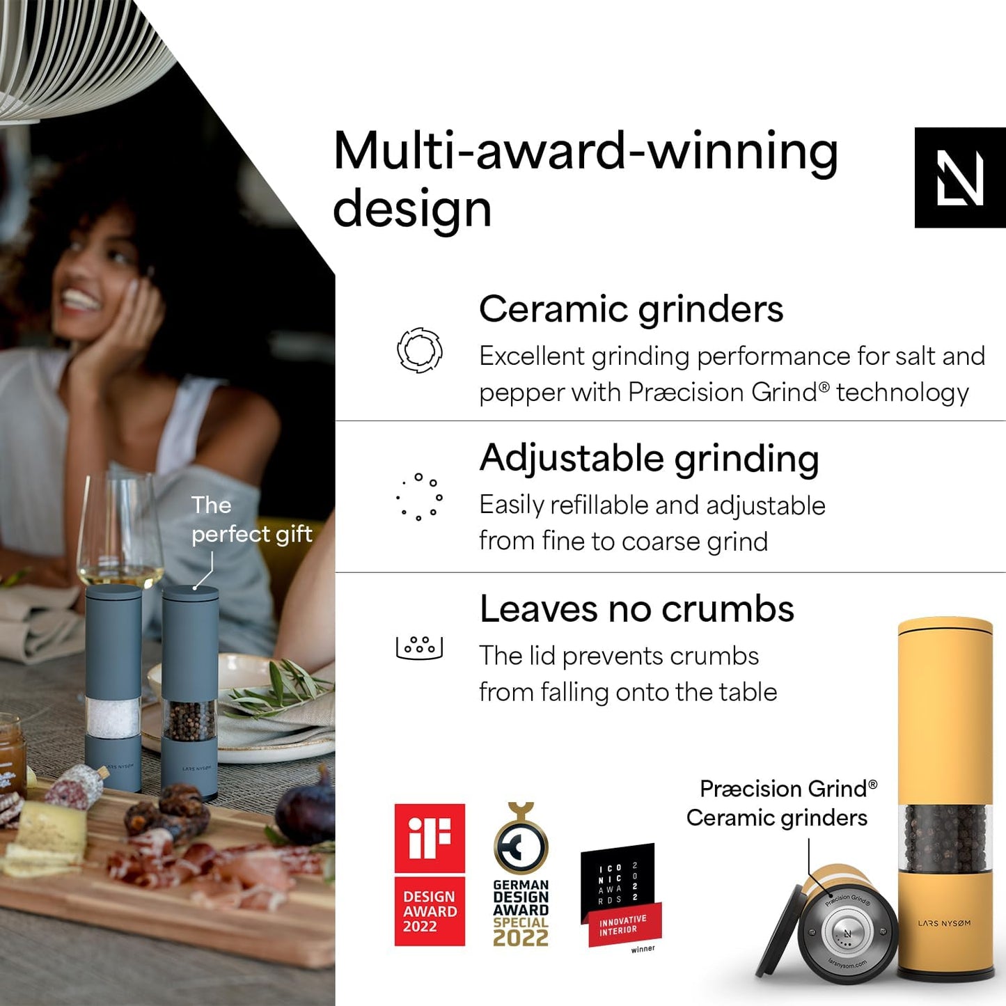 LARS NYSØM Salt and Pepper Grinder Set Manual, Stainless Steel Salt and Pepper Mills with Adjustable Ceramic Grinder I Design Spice Shakers (Mustard Yellow)