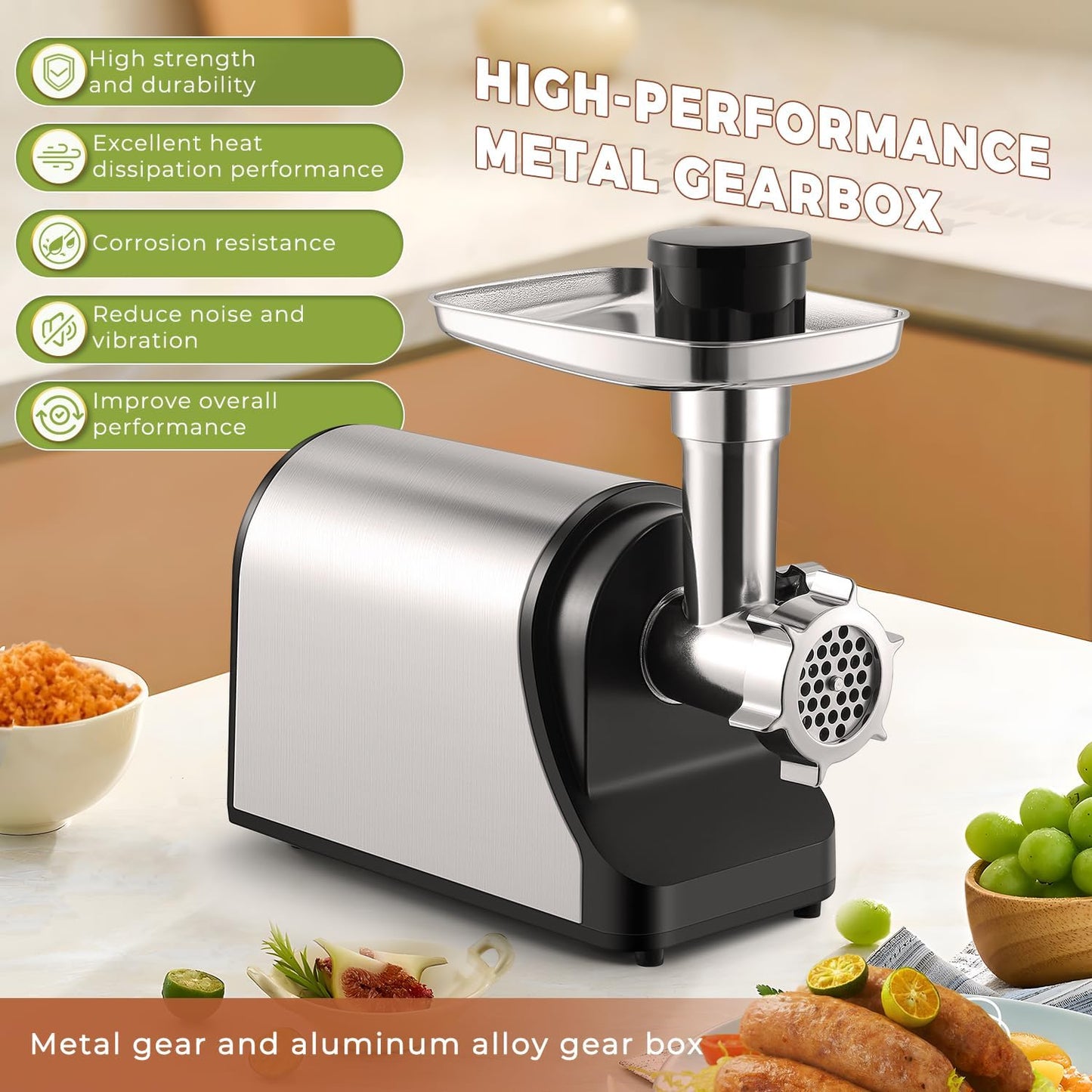 Electric Meat Grinder 3200W Heavy Duty Commercial Meat Grinders, Sausage Stuffer, Kubbe Kit with 2 Cutting Blades, 3 Grinding Plates, 3 Sausage Tubes, Metal Gearbox Meat Grinder for Home Use