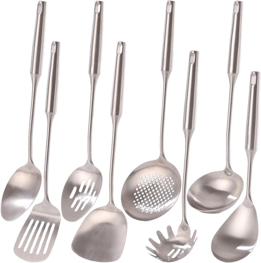 18/10 Stainless Steel Kitchen Utensils Set - 15” All Metal Cooking Tools & Serving Utensils, 8 PCS - Solid Spoon, Slotted Spoon, Spatula, Ladle, Skimmer, Tunner, Spaghetti Spoon, Large Spoon Set
