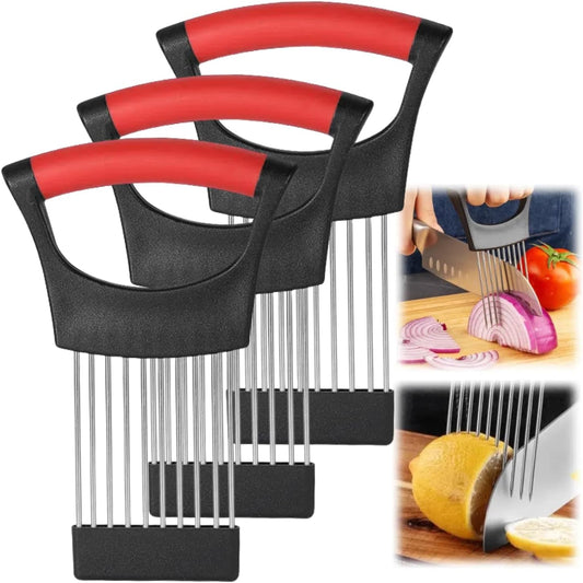 Onion Slice Holder, 2024 New Stainless Steel Holder for Slicing, Chopper Assistant Tool, Cutter for Meat, Onion, Potato, Tomato Kitchen Gadgets (Red, 3 Pack)