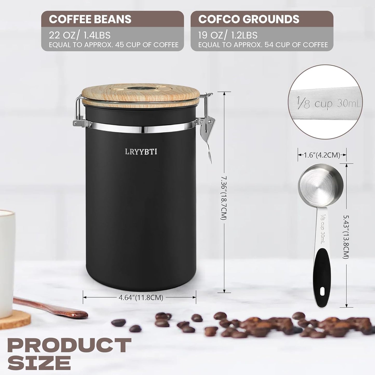 Airtight Coffee Canister,Stainless Steel Coffee Bean Storage Container with Scoop Date Tracker & CO2 Release Valve for Beans, Grounds and more- Black