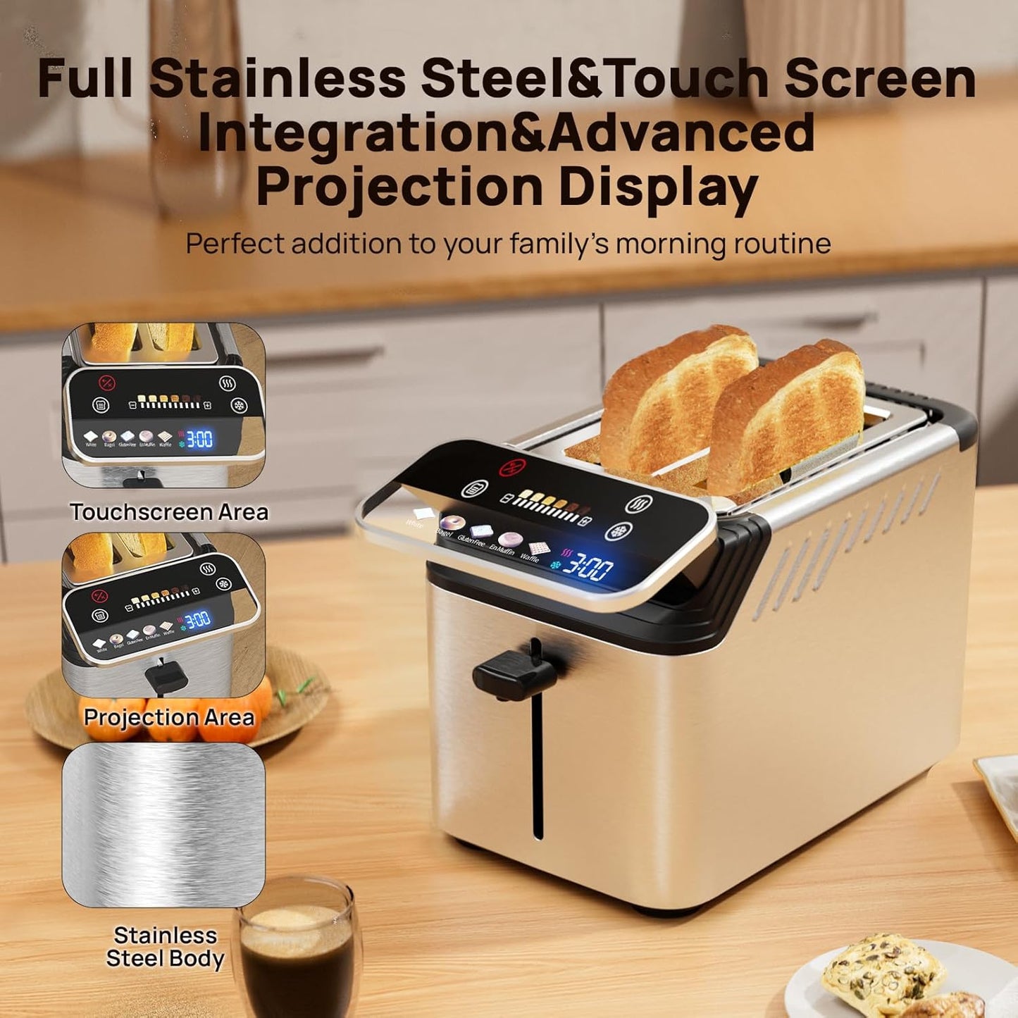 WHALL Toaster 2 Slice, Touch Screen Toasters with Projection Display, 1.5" Wide Slot, 5 Bread Types & 11 Shade Settings, Digital Timer, Warming Rack, Crumb Tray, Reheat/Defrost, Silver