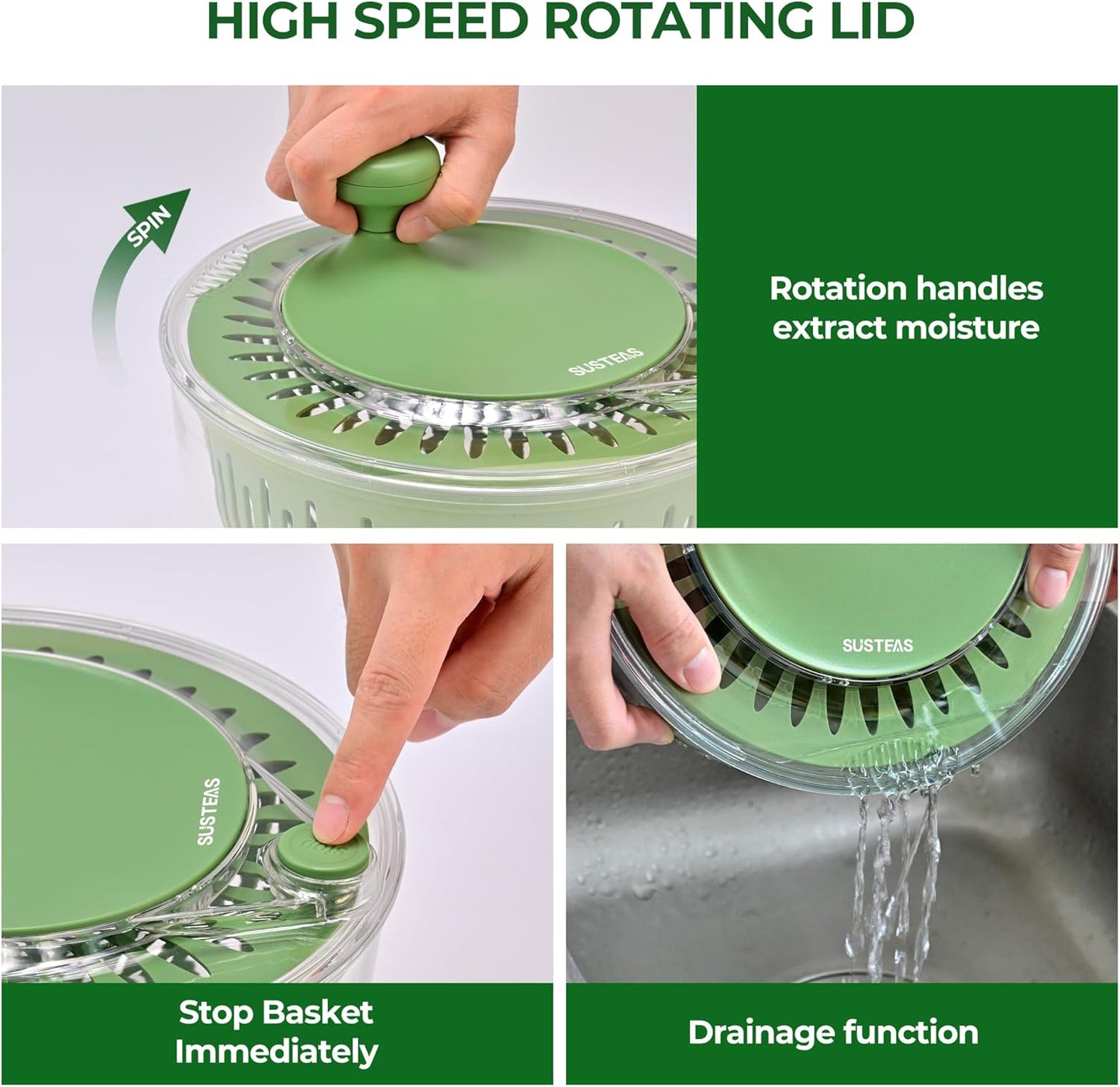 SUSTEAS Salad Spinner Large, Vegetables Wash Bowl, Fruits & Herb Lettuce Dryer with 5 Blade Slicer Egg Yolk Strainer Shredder for Efficient Salad Preparation and Food Washing, 4.25Qt