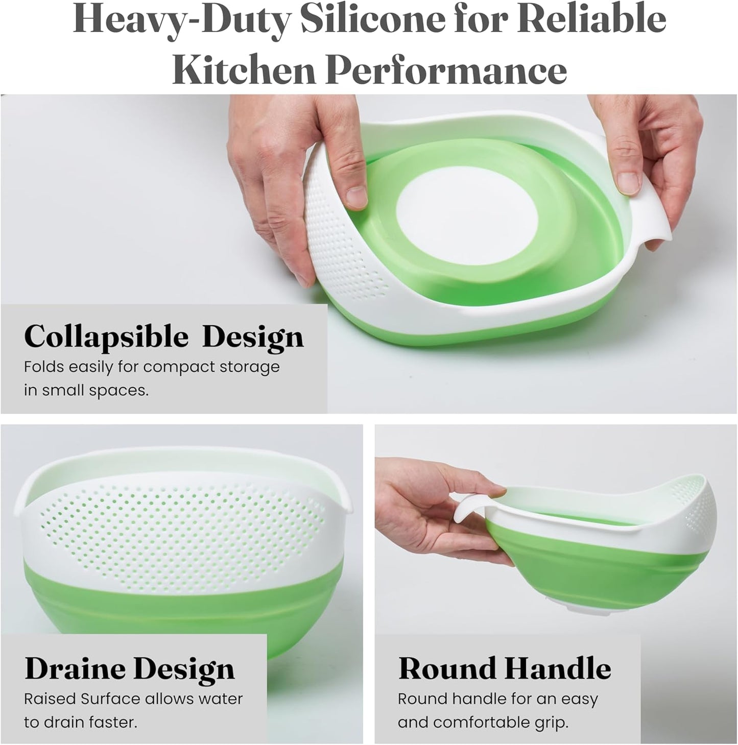 Kitchen Gizmo Collapsible Rice Strainer - Silicone Rice Washer Strainer Bowl - BPA Free - Space Saving Design - Lightweight and Easy to Clean - 5.5 to 3.15 Inches High - Green/Grey