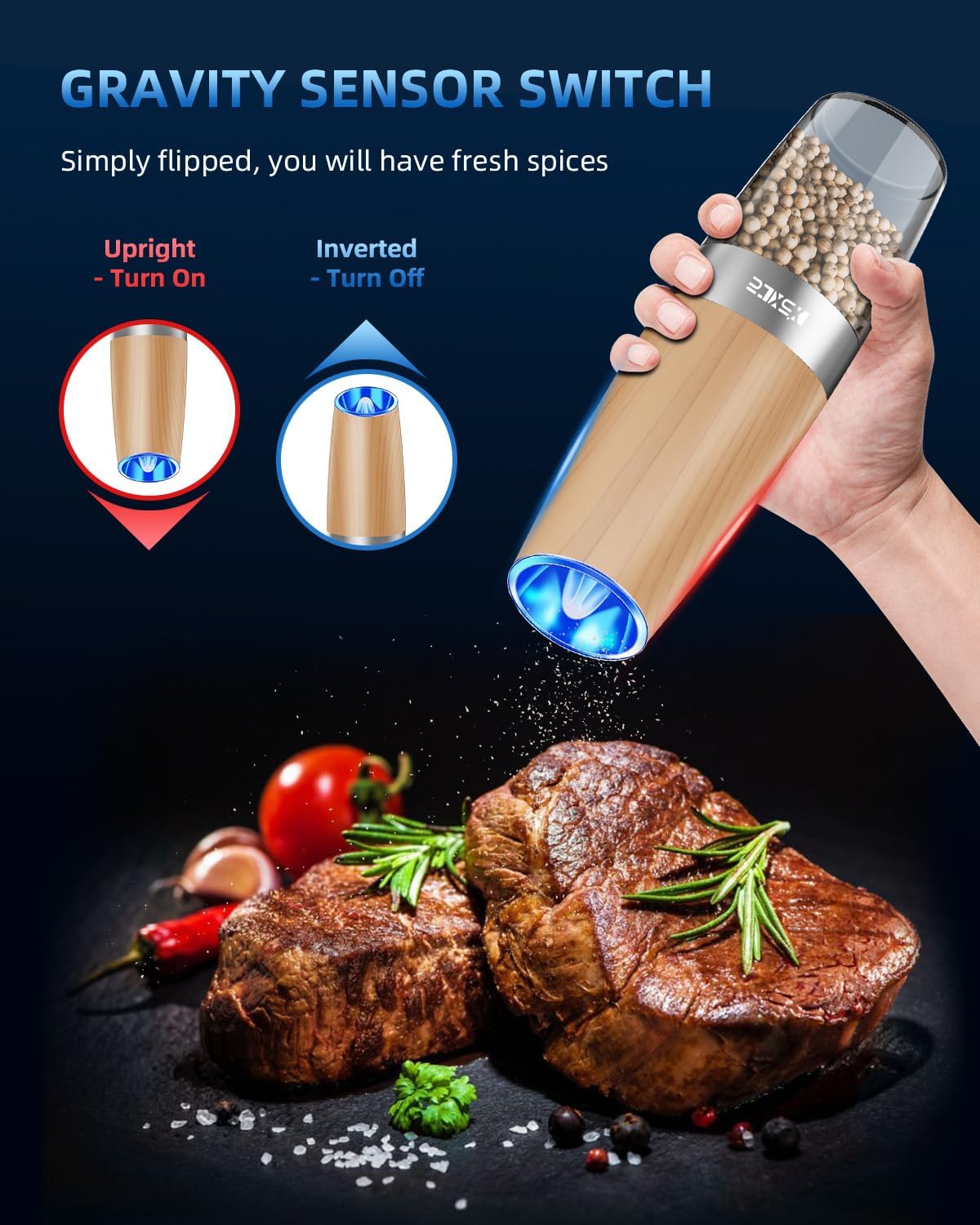 XinXu Electric Pepper Grinder, Salt or Pepper Mills & Adjustable Coarseness, with LED Light, One Hand Automatic Operation -Set/RoseRed