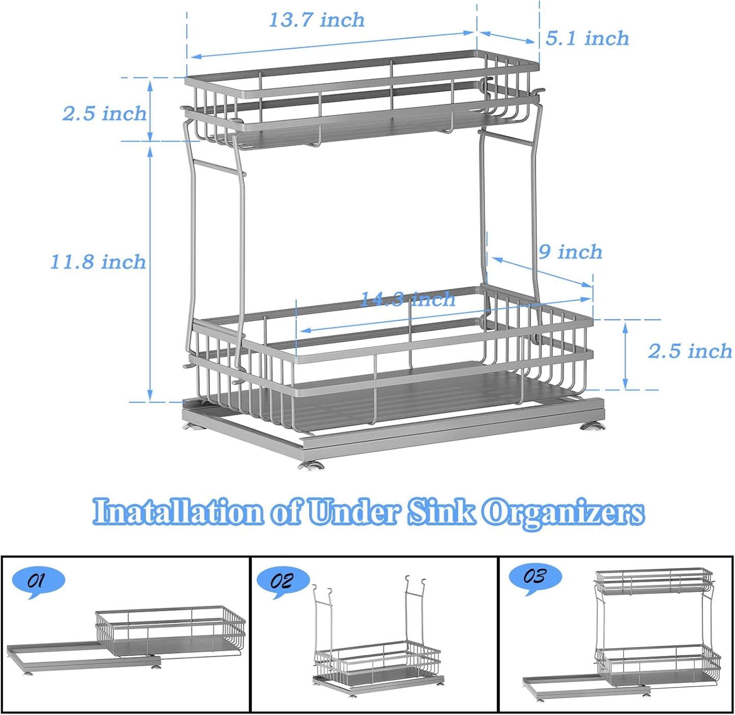 1 Pack Under Sink Organizers and Storage, 2 Tier Pull Out Cabinet Organizer, Metal Sliding Drawer Storage for Kitchen Bathroom，Gray