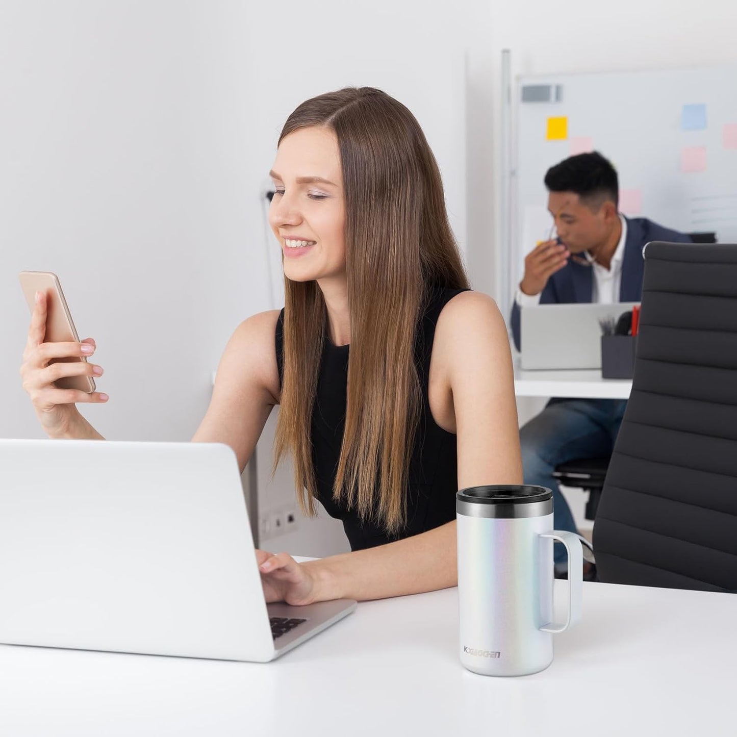 KXIAOCHEN 20oz Insulated Coffee Mug with Lid, Stainless Steel Coffee Cup, Double Wall Vacuum Coffee Tumbler with Handle, Premium Thermal Travel Coffee Mug (Glitter Black White 2Pack)