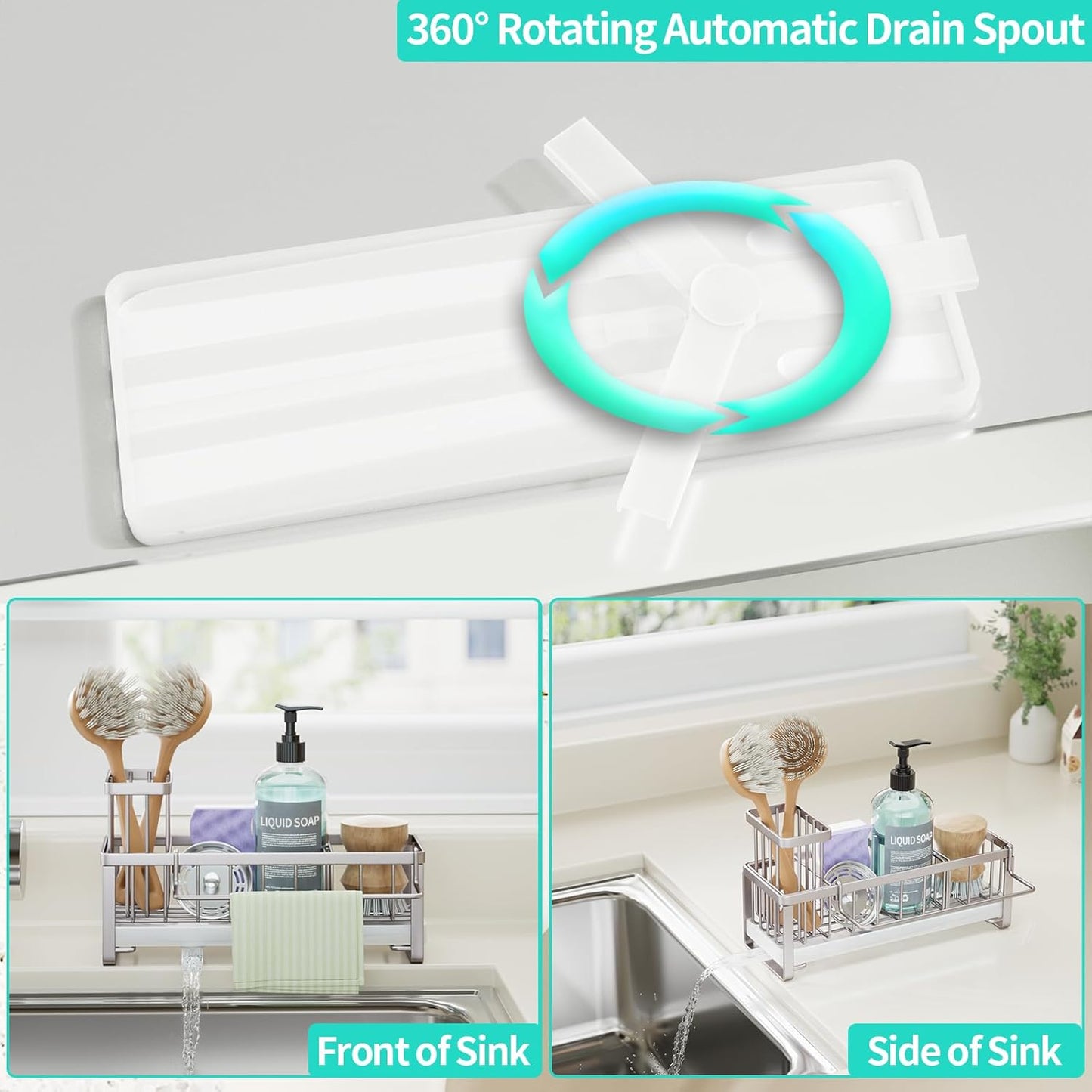 HapiRm Sponge Holder for Kitchen Sink - Self-draining Sink Caddy with Brush Holder and Dishcloth Holder, Stainless Steel Kitchen Organizer for Countertop - Brushed Nickel