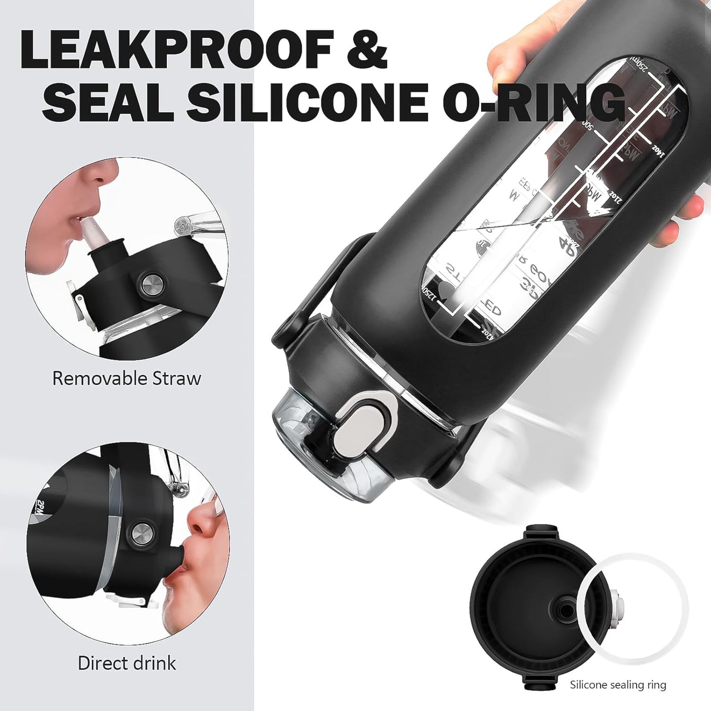 kytffu 42oz Glass Water Bottles with Straw, Motivational Glass Bottle with Silicone Sleeve and Time Marker, Leakproof Large Glass Water Jug for Gym Home Office,Black