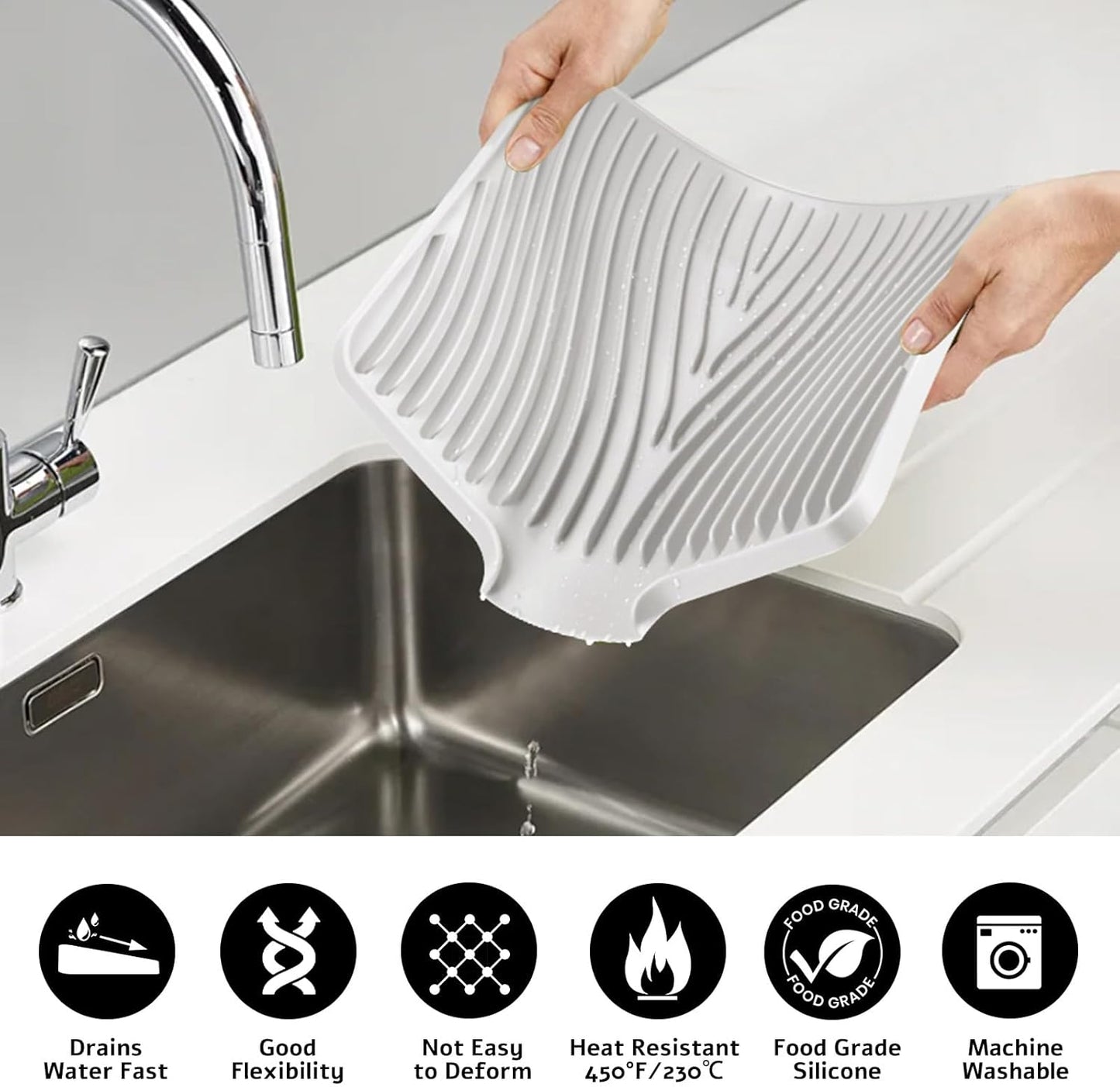 Silicone Dish Drying Mat for Kitchen Counter, Dish Drying Pad, Non-Slip Drain Pad with Built-in Drain, Heat Resistant Stone Drying Mat, 3 pcs (Cream)