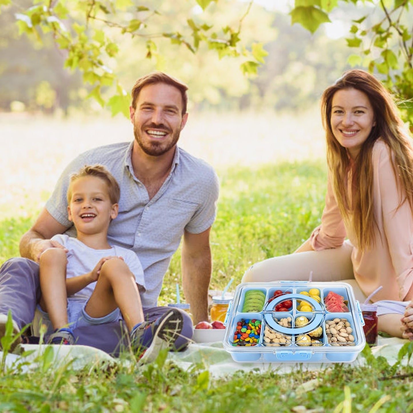 Divided Serving Tray with Lid and Handle,8 Compartments Snacks Box,Snack Fruit Veggie Tray,Portable Platter for Candy Fruits Nuts Snack Party Entertaining Picnic (Blue)